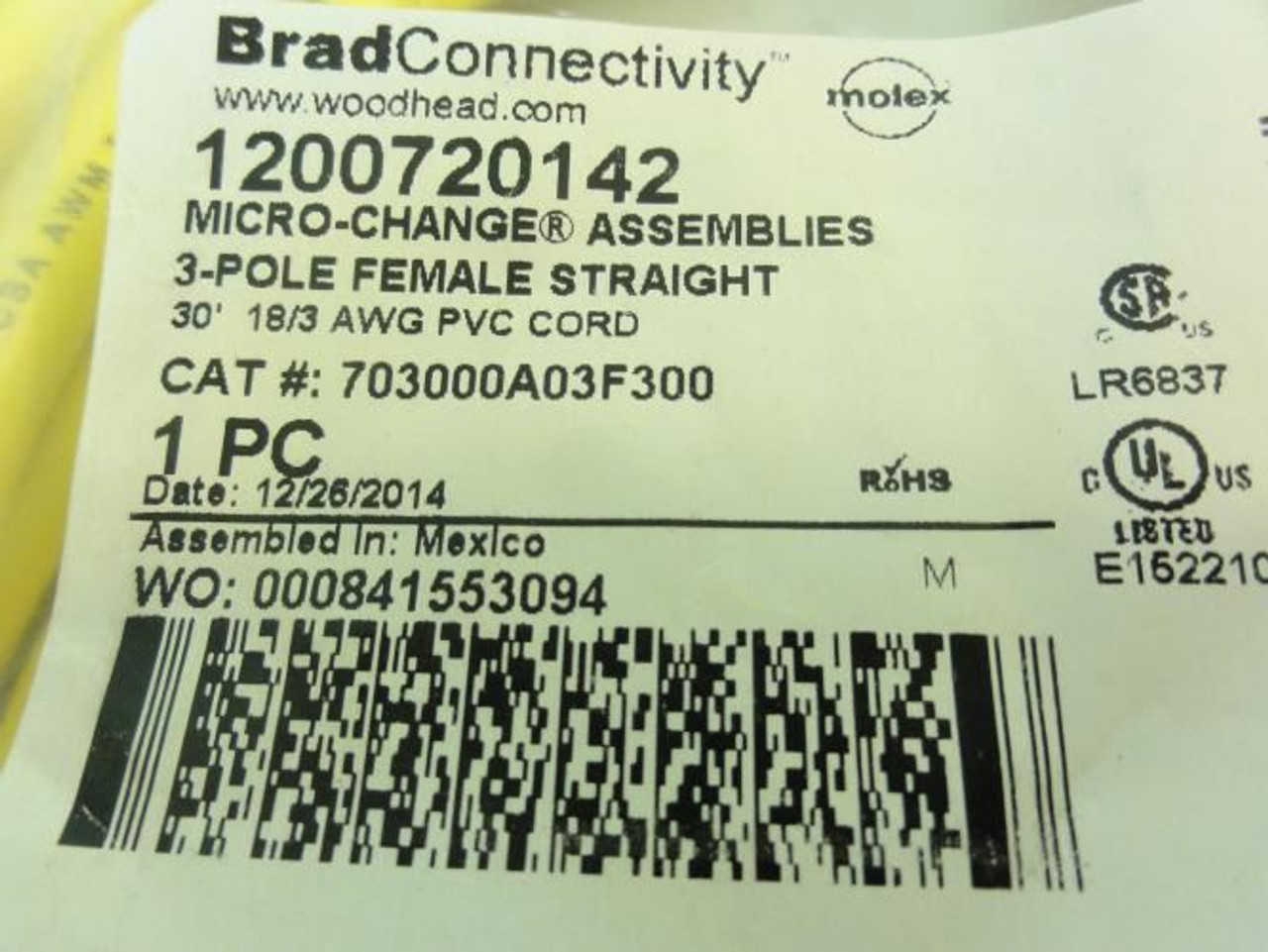 Woodhead 1200720142; Micro-change Cord; 30' L; 3P