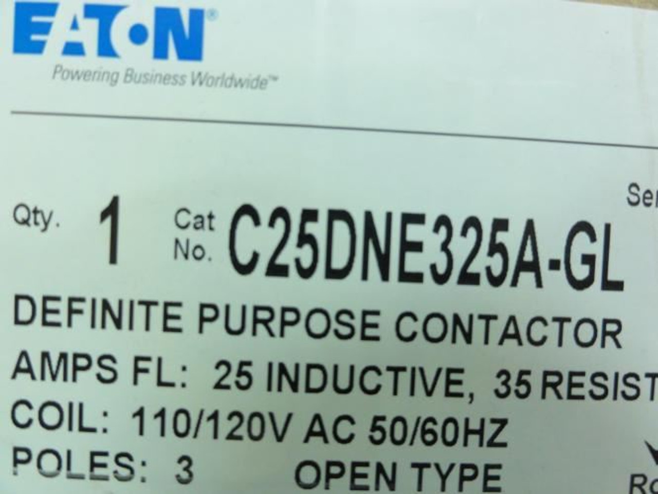 Eaton C25DNE325A-GL; Contactor 25A; 600V; 3P; Coil: 120VAC