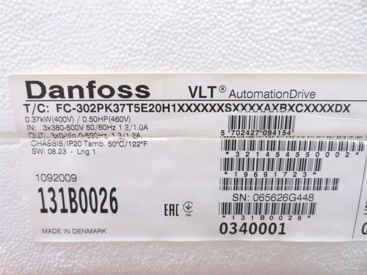 Danfoss 131B0026; Frequency Converter .37kW/1/2HP; 380-500VAC