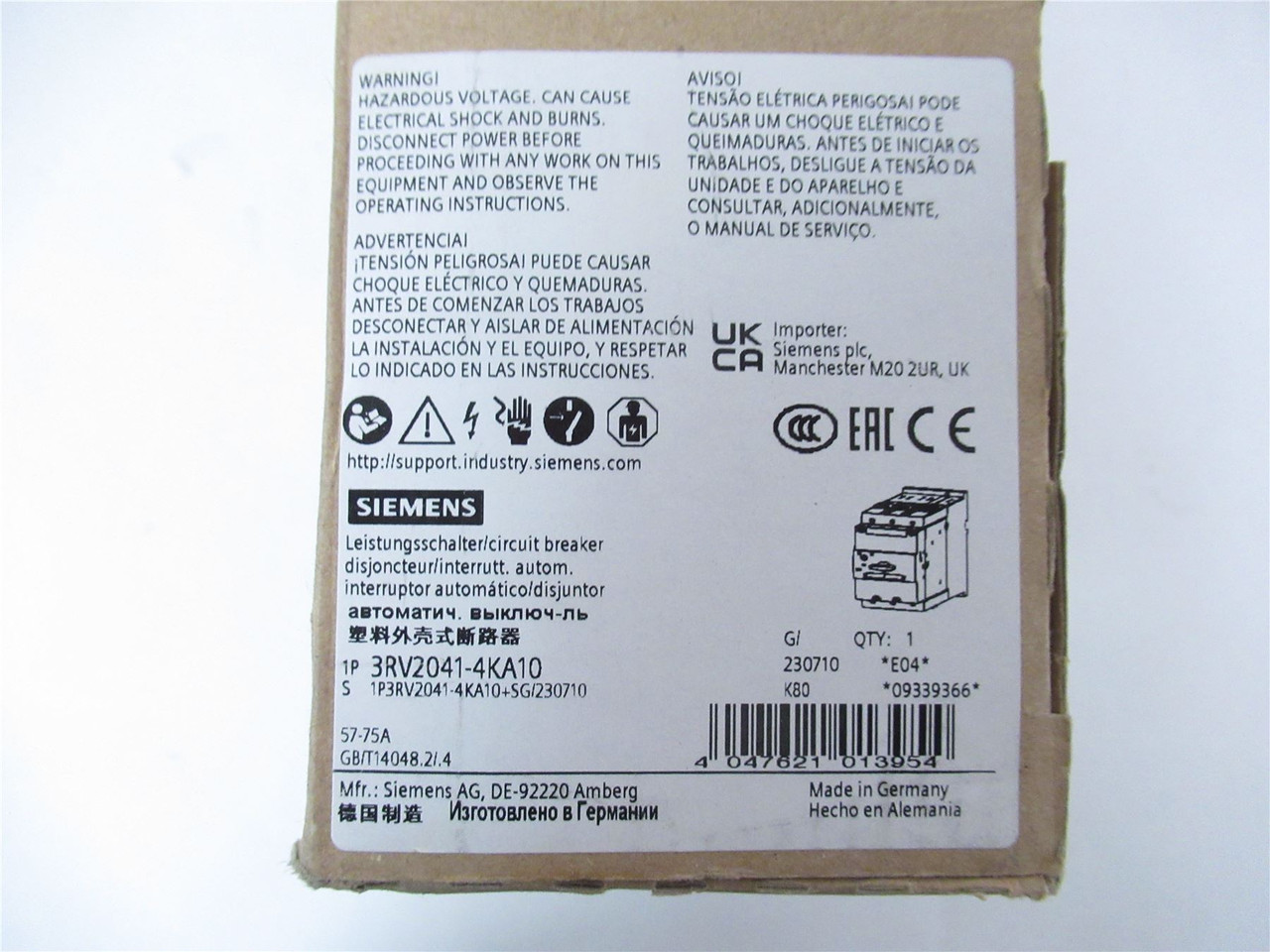 Siemens 3RV2041-4KA10; Manual Starter 57-75 AMP 690 VAC/DC