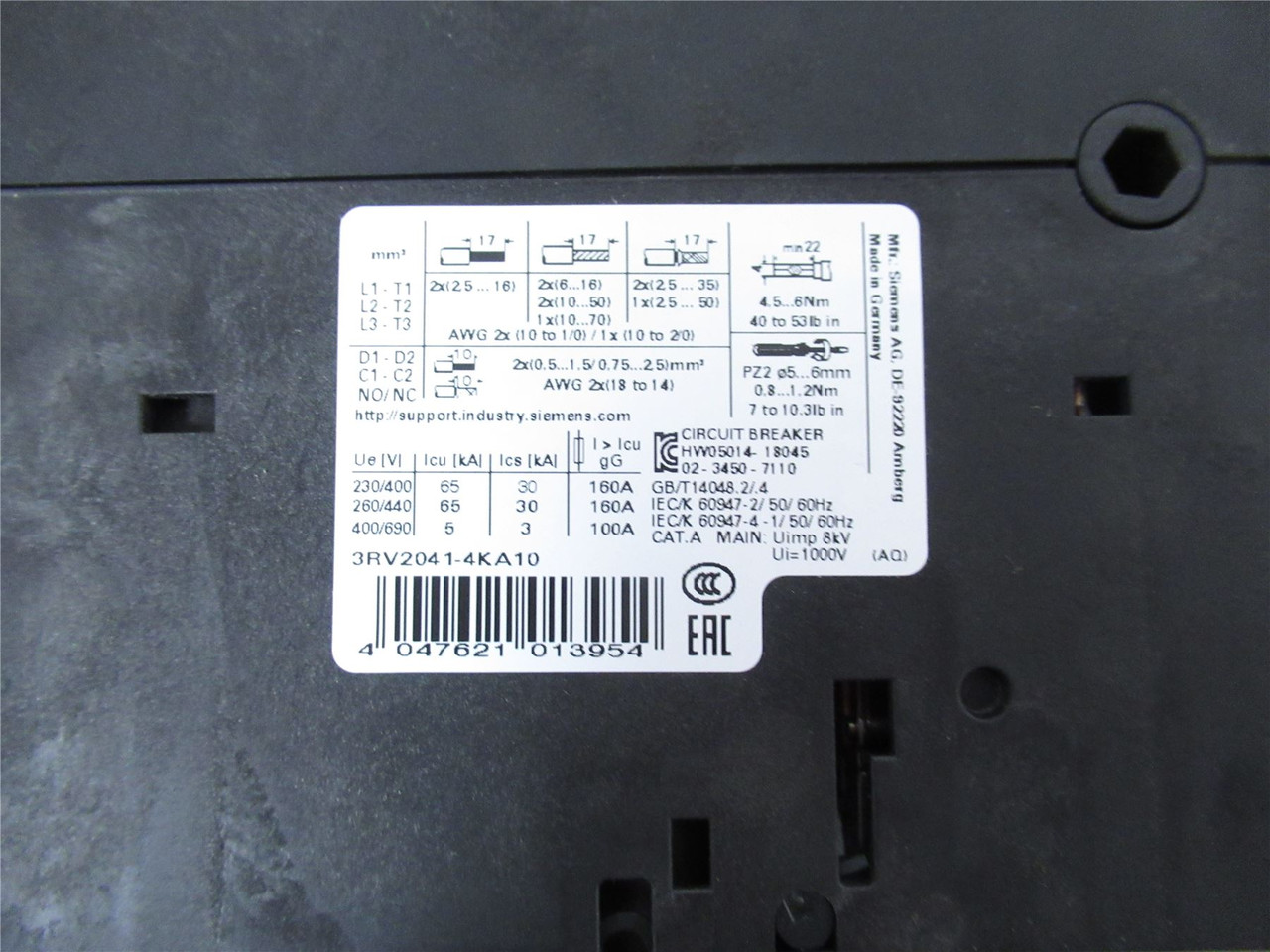 Siemens 3RV2041-4KA10; Manual Starter 57-75 AMP 690 VAC/DC