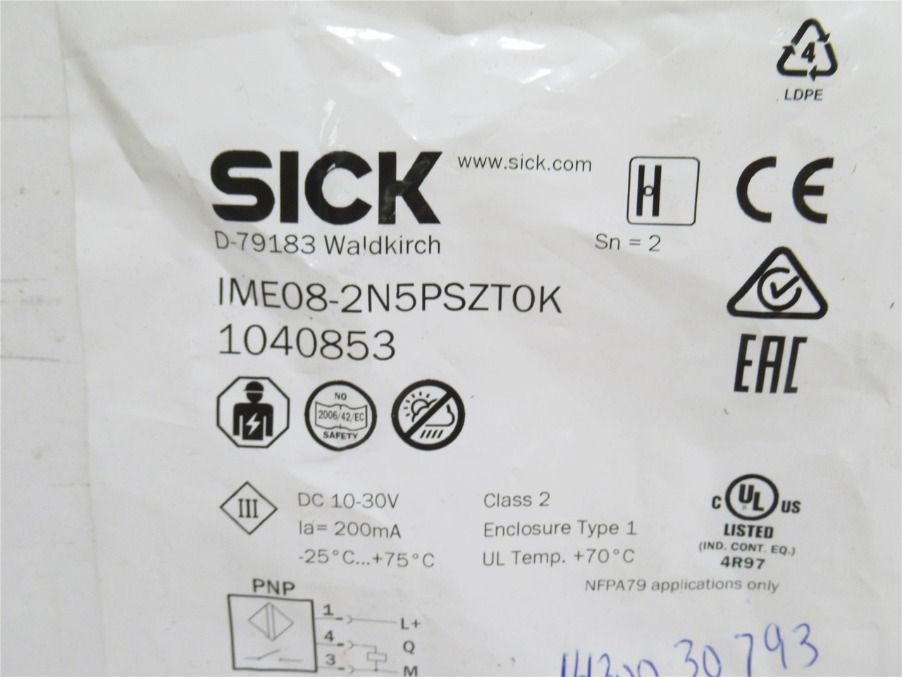 SICK IME08-2N5PSZTOK; Prox Sensor 1040853; 10-30VDC; 200mA