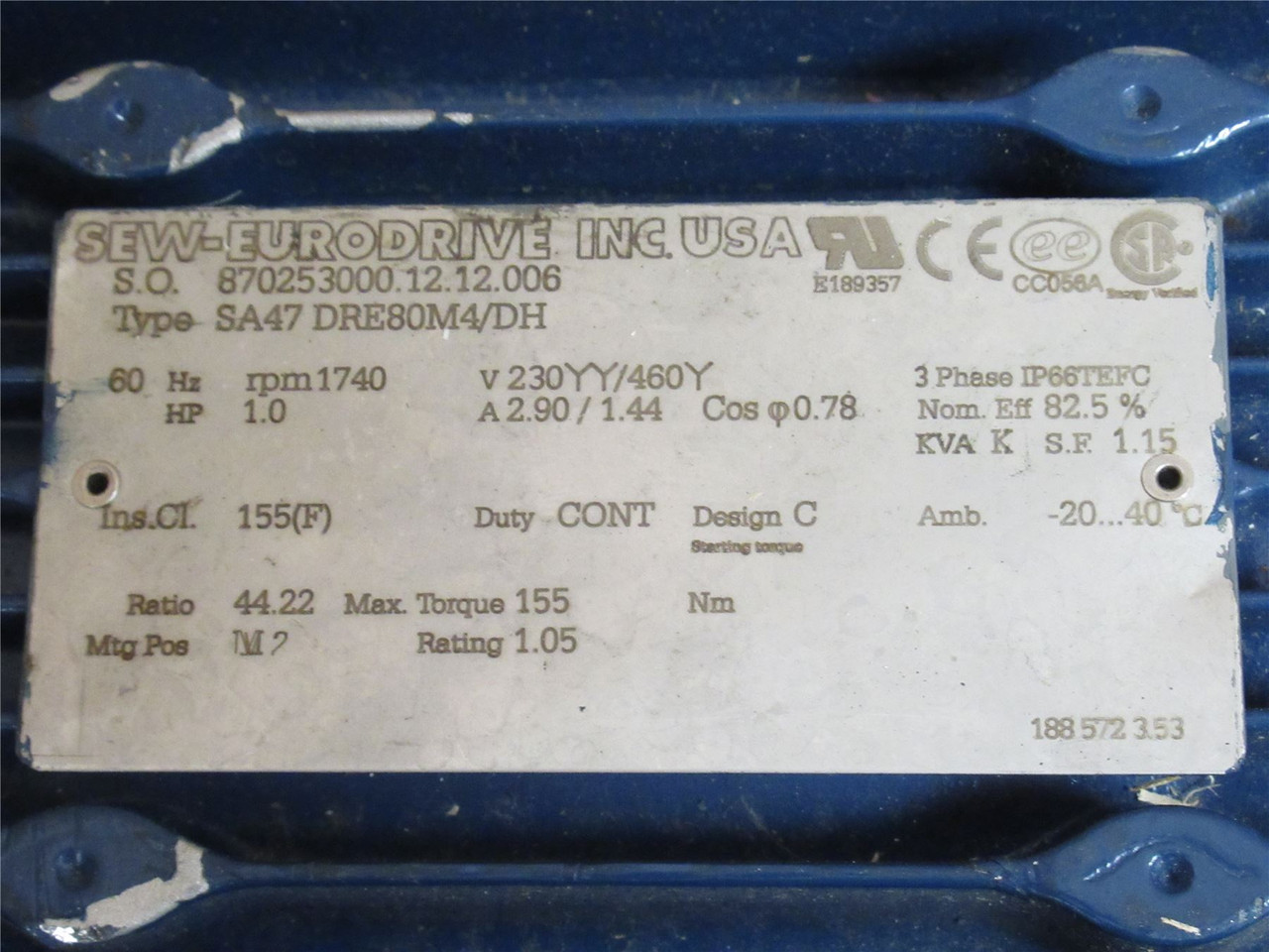 SEW SA47DRE80M4/DH; AC Gearmotor 1HP 44:1 Ratio; 230/460V; 3PH