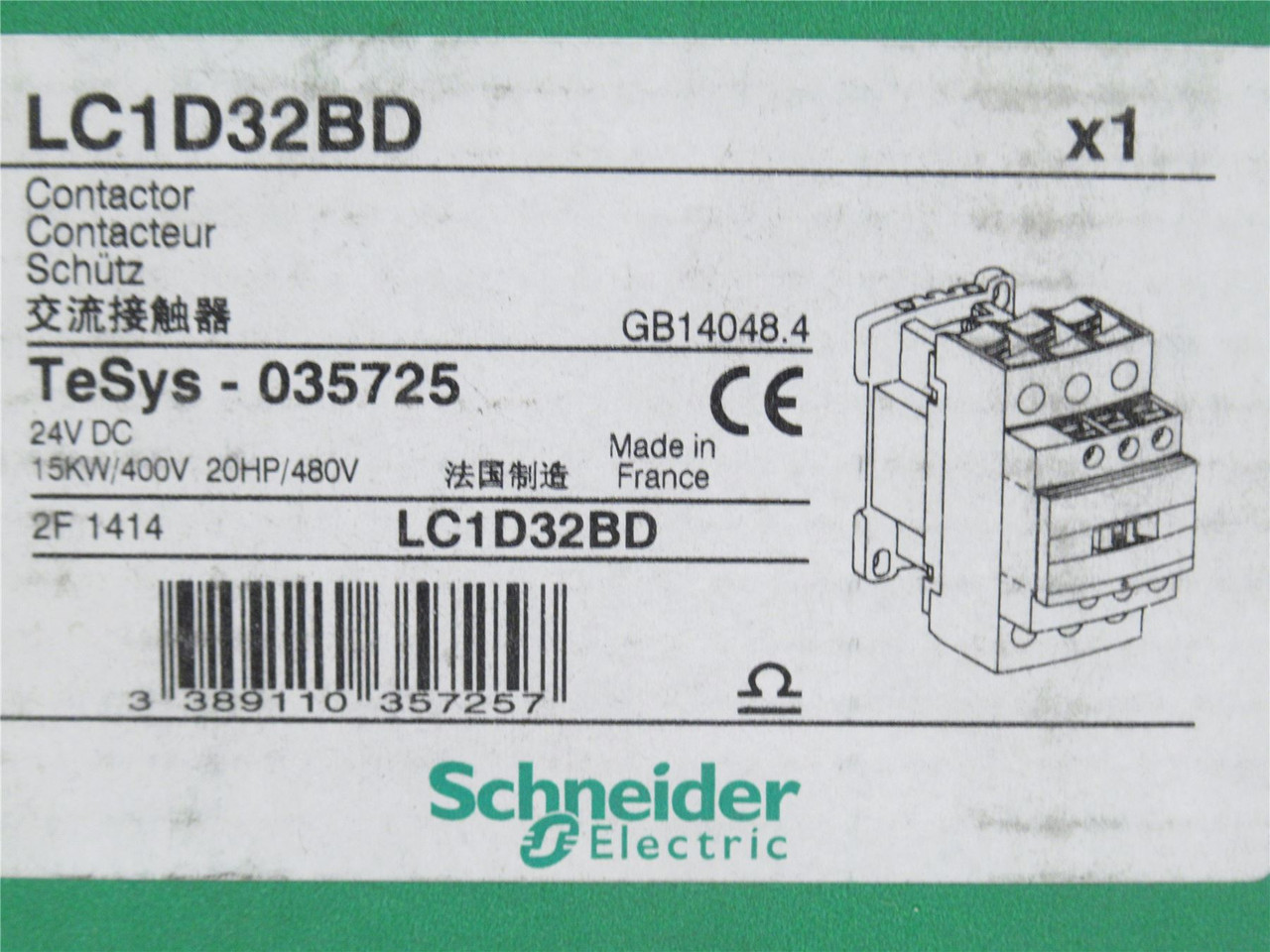 Schneider LC1D32BD; Contactor; 50A; 3-Pole; 600V; Coil: 24VDC