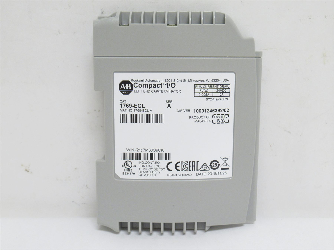 Allen-Bradley 1769-ECL; Left End Cap Terminator; SER: A