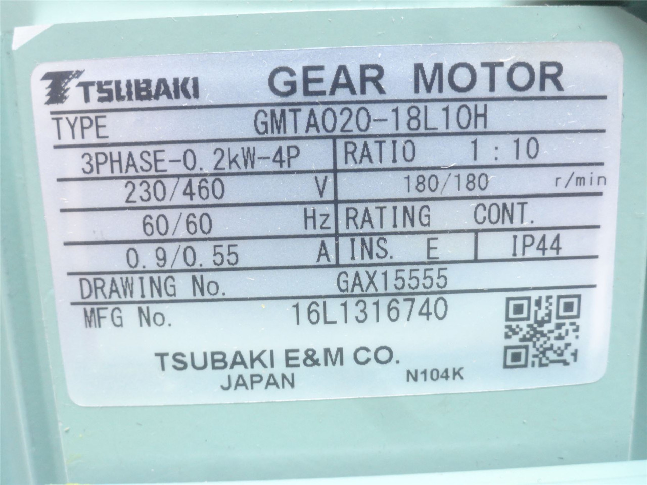 Tsubaki GMTA020-18L10H; AC Gear Motor; Ratio 10:1; 230/460V