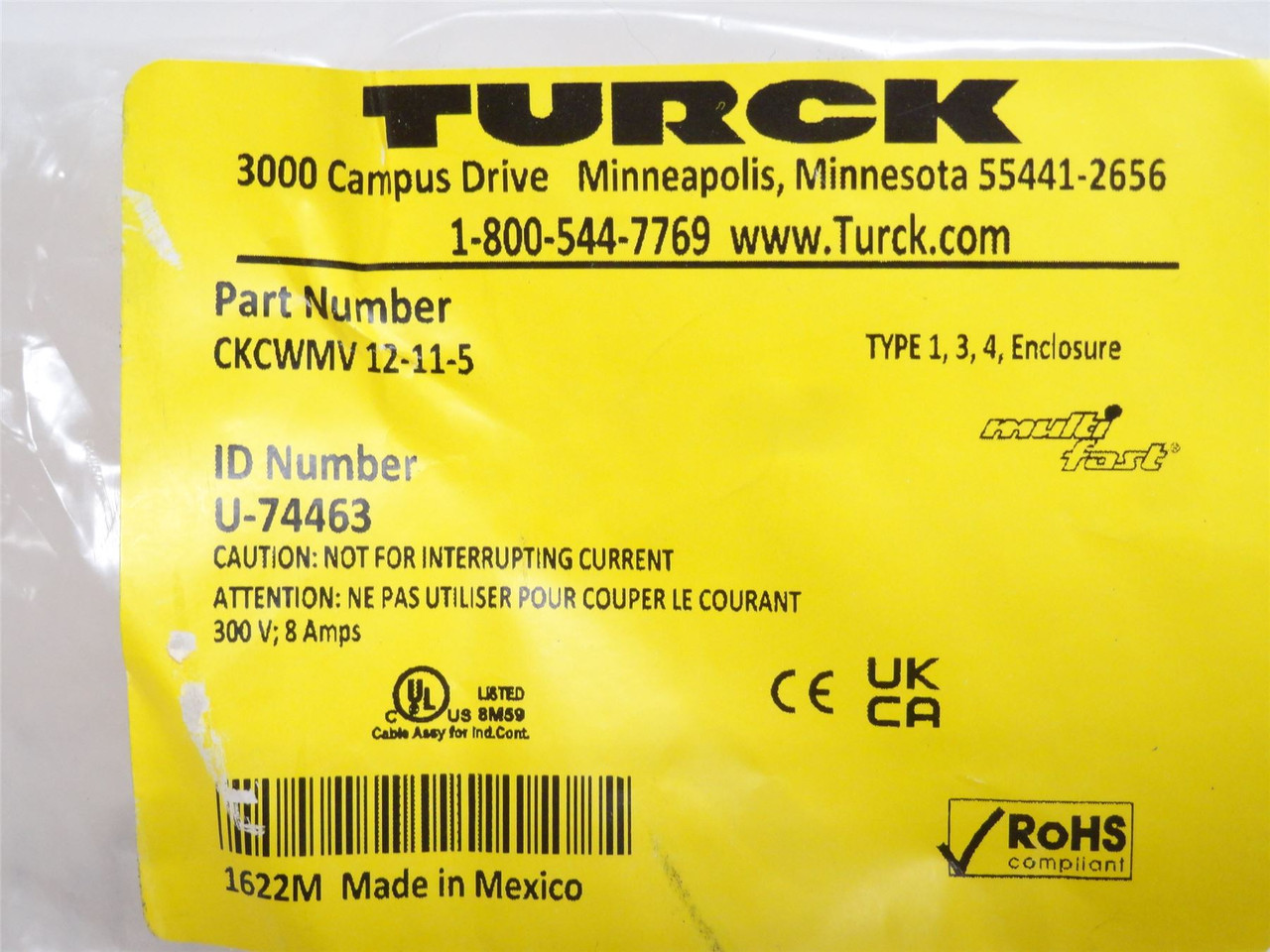 Turck CKCWMV 12-11-5; Cordset U-74463; 90Deg; 300V; 5m Wire