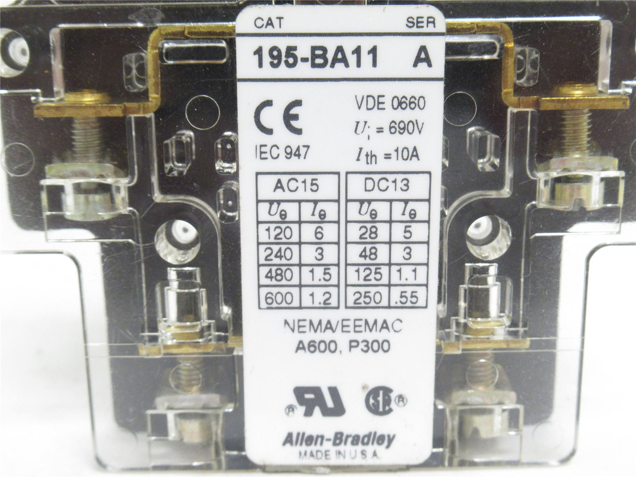 Allen-Bradley 195-BA11; Auxiliary Contact; 10A; 660VAC