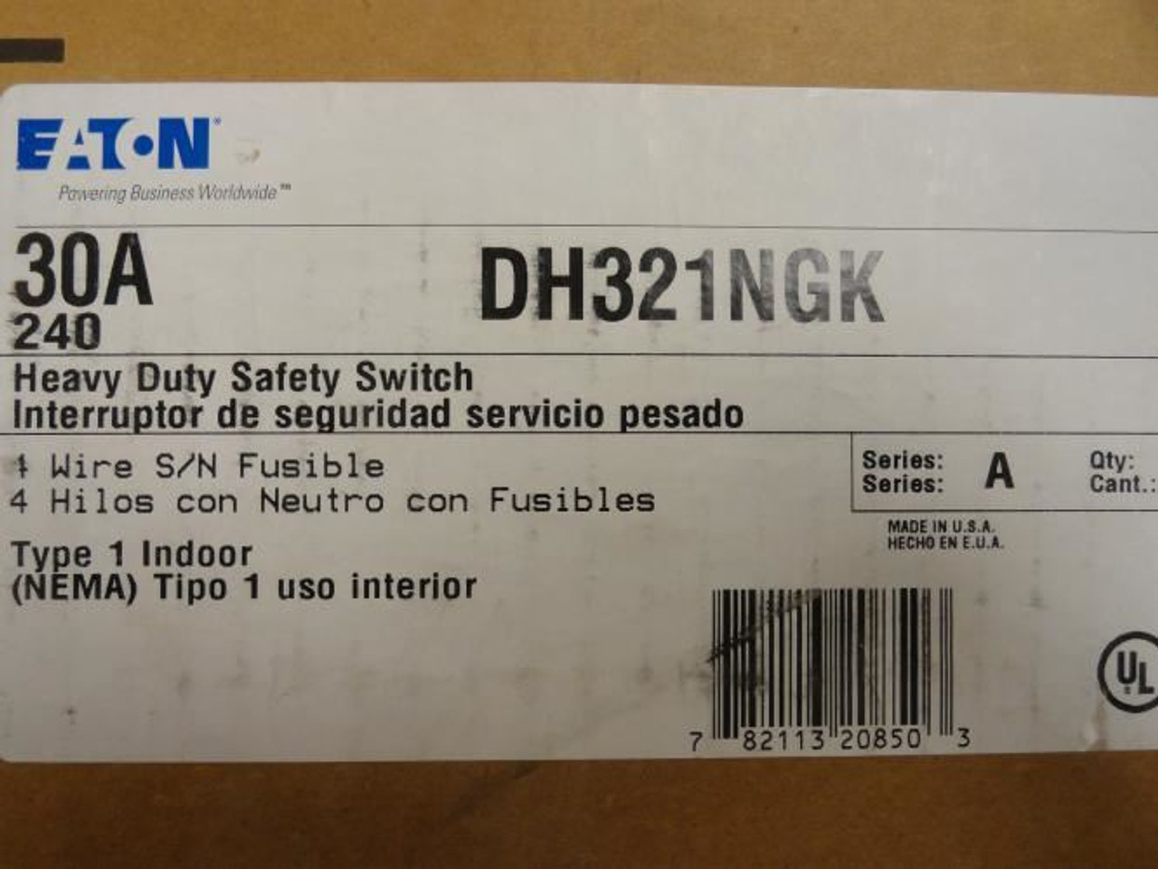 Eaton DH321NGK; Safety Switch; 30A; 3P; 3Hp@240VAC; 3PST