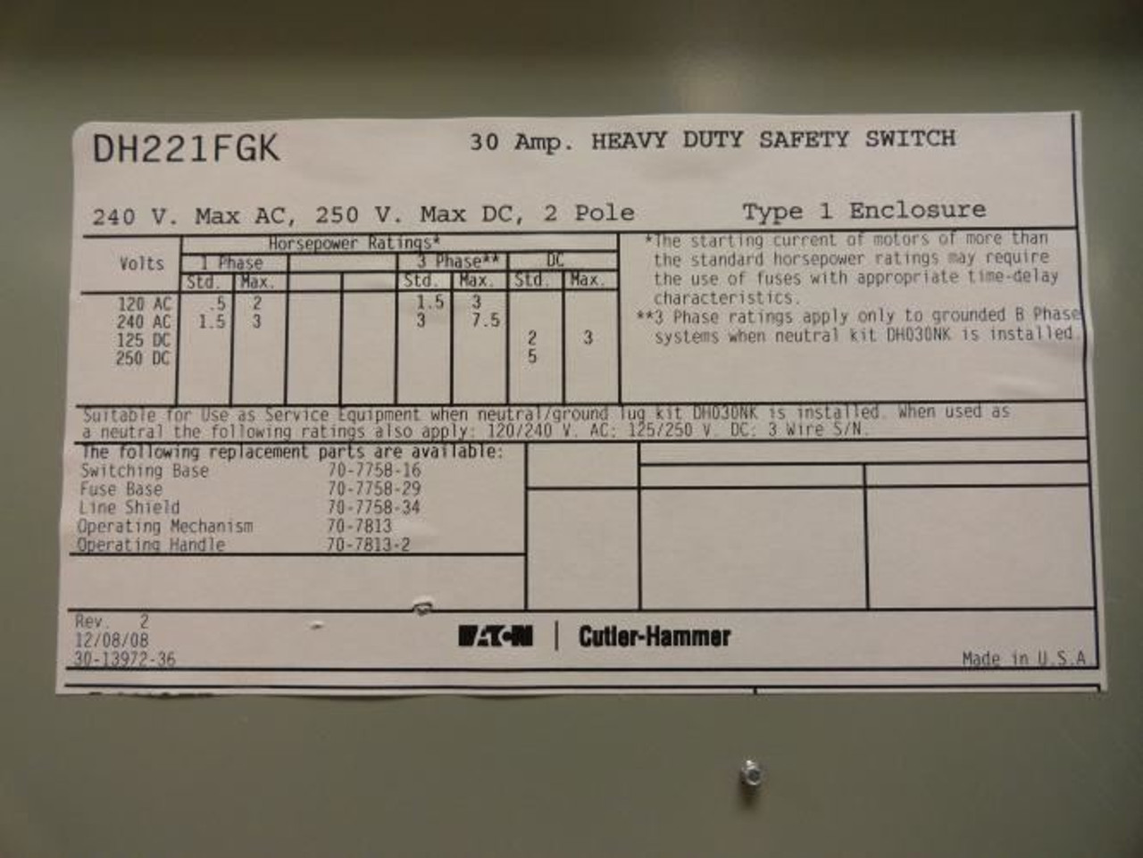 Eaton DH221FGK; Safety Switch; 30A; 2P; 240VAC/DC; NEMA: 1
