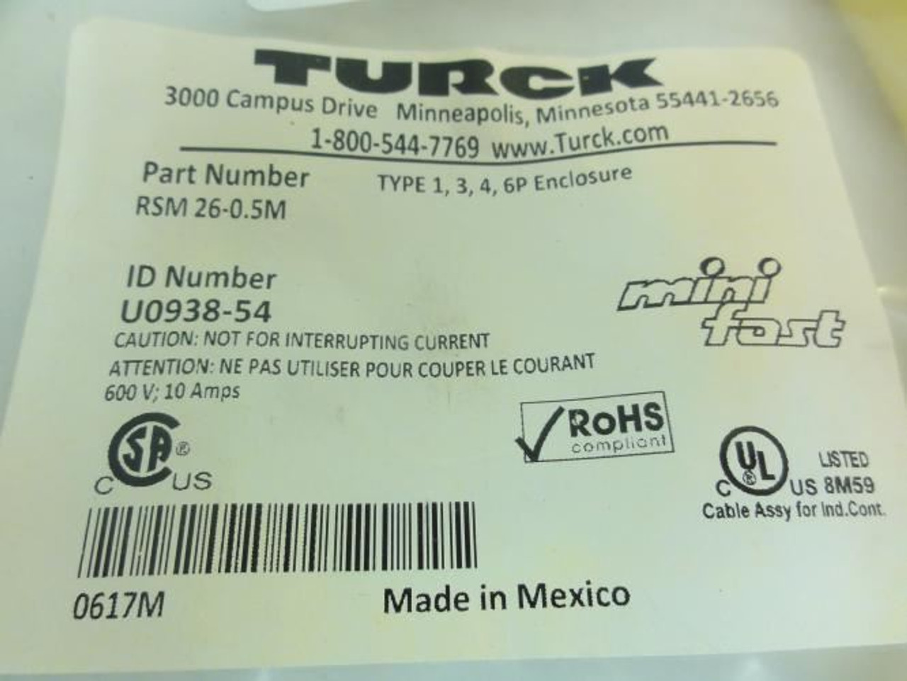 Turck RSM26-0.5M; Cordset; 600V; 10A; Cable Length: 0.5M
