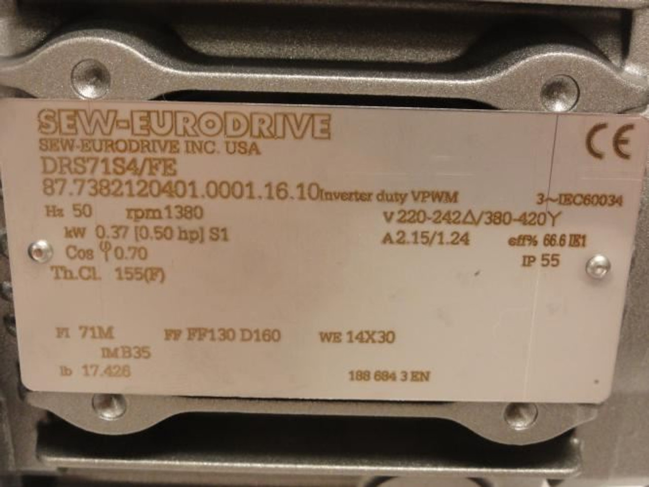 SEW DRS71S4/FE; AC Motor .5Hp 220/420V 50Hz 1380RPM 3PH