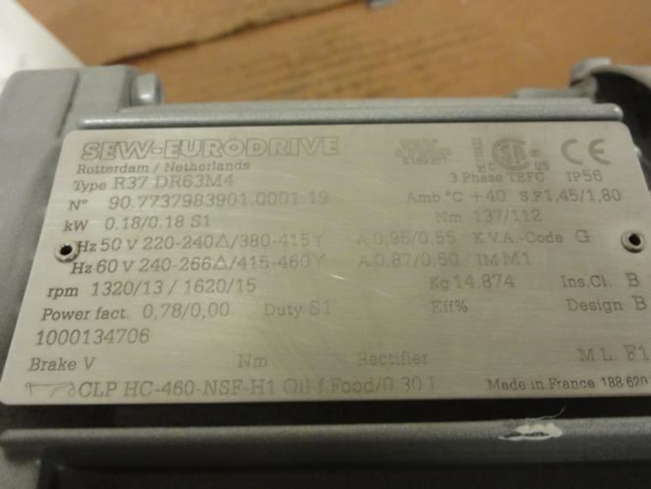 SEW-EuroDrive R37 DR63M4; Geared Motor; 240/460V; 0.18kW; 3Ph