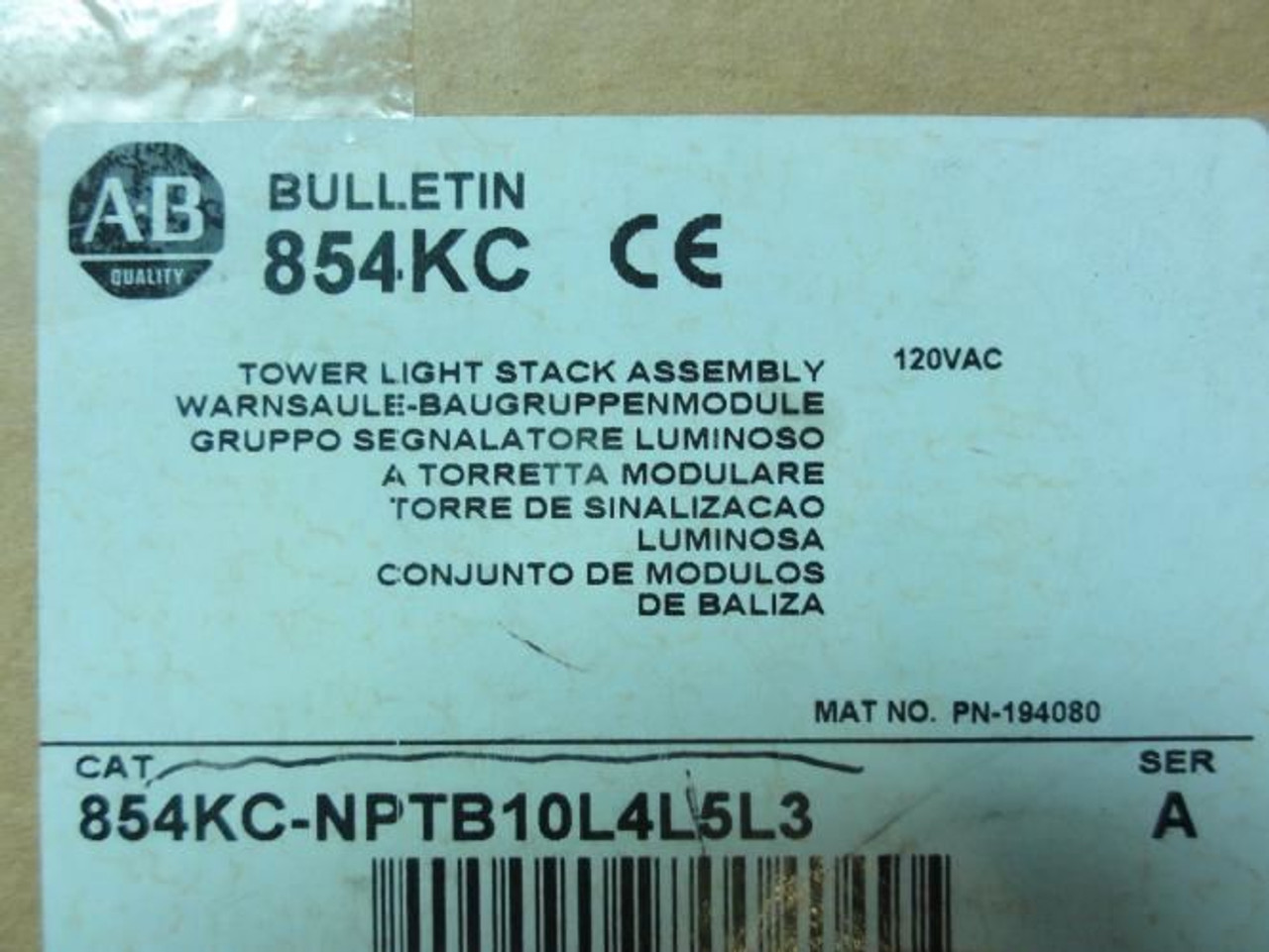 Allen-Bradley 854KC-NPTB10L4L53; Tower Light Stack Assy; 120VAC Allen-Bradley 854KC-NPTB10L4L53; Tower Light Stack Assy; 120VAC