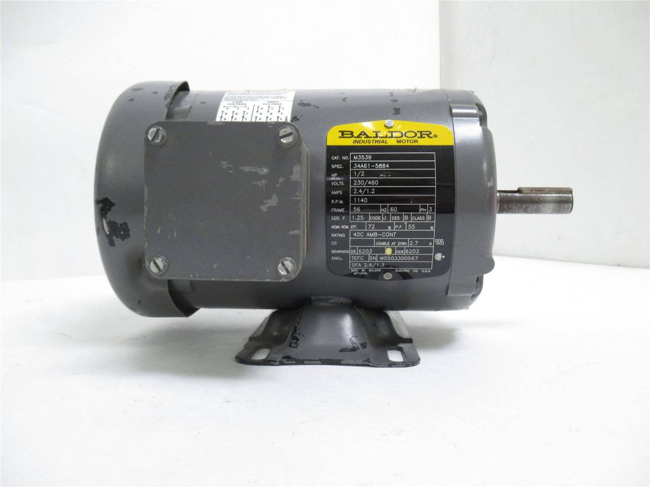 Baldor M3539; AC Motor 1/2HP; 230/460V; 1140RPM; 3PH; 2.4/1.2A