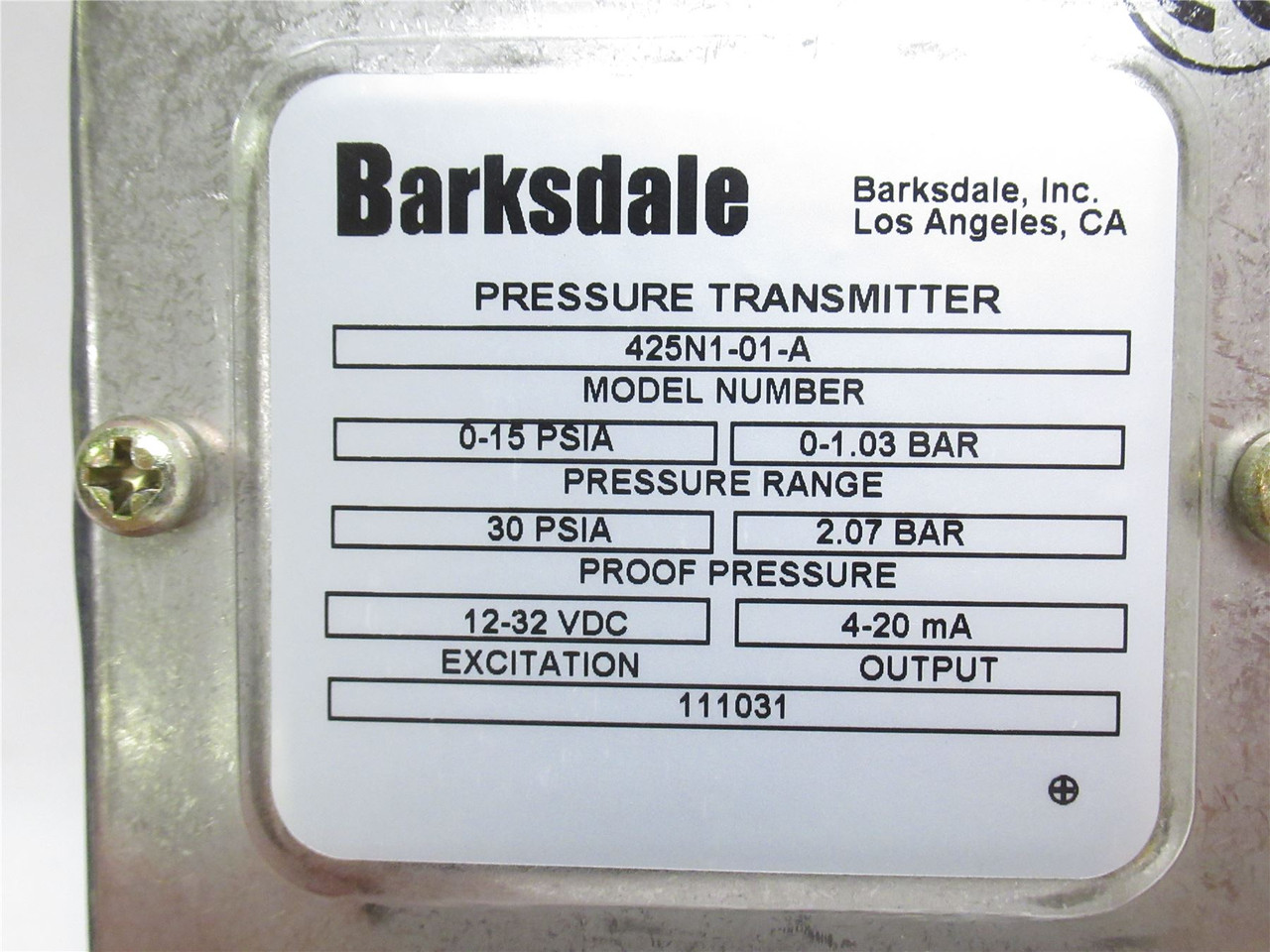 Barksdale 425N1-01-A; Transducer/Transmitter 0-15psi; 12-32VDC