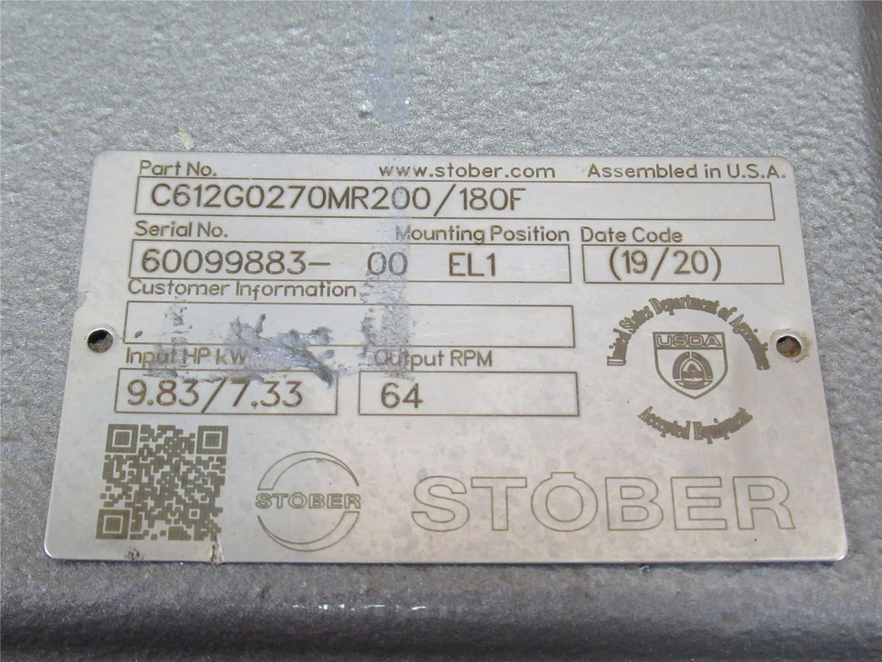 Stober C612G0270MR200; Gearbox; 9.83HP Input; Output 64RPM