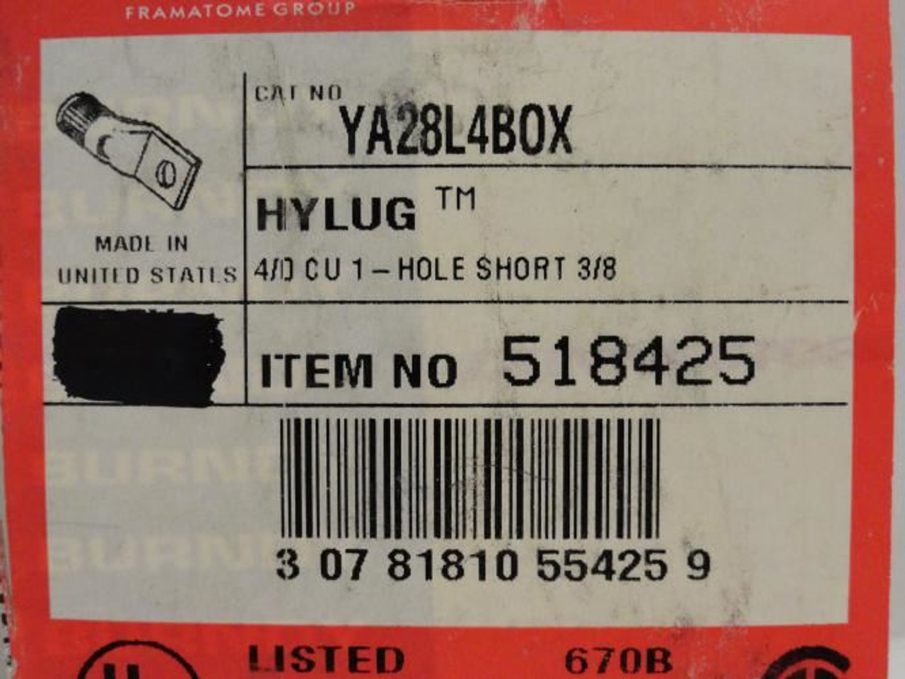 Burndy YA28L4BOX ; Copper Compression Lug 4/0 AWG; 3/8" Stud
