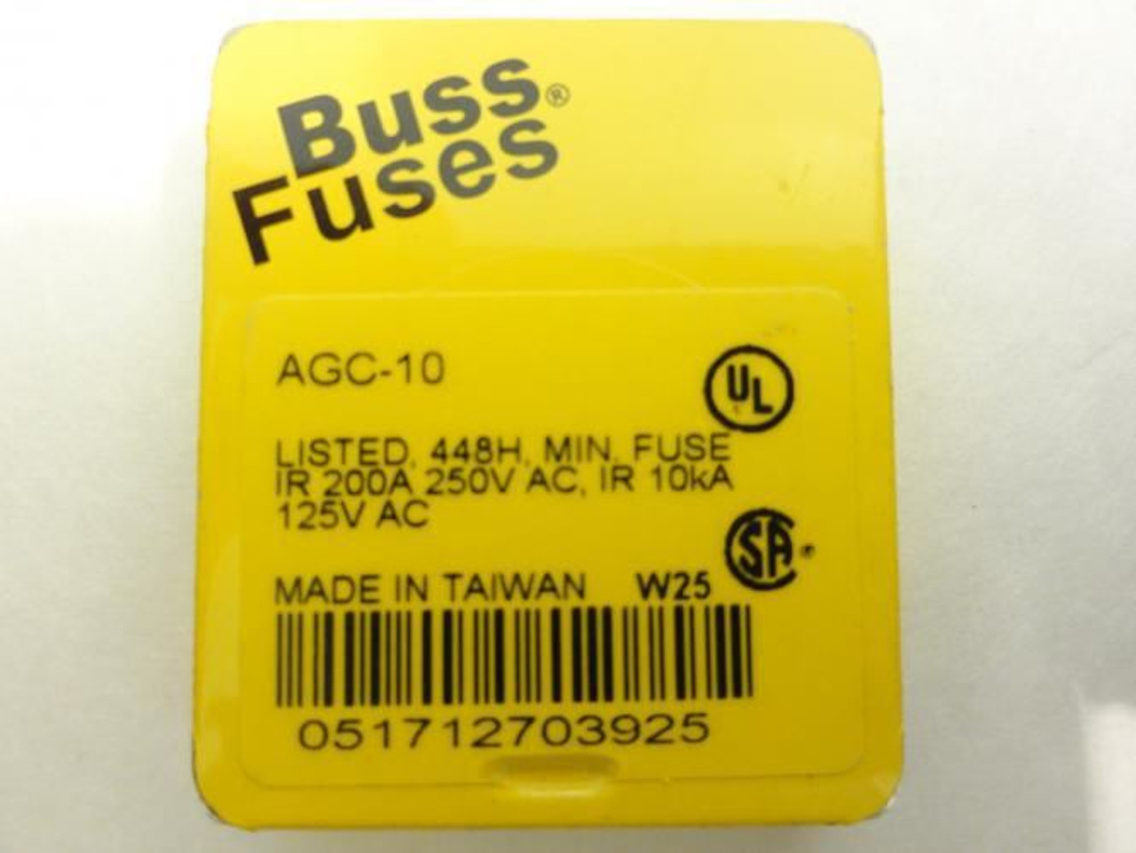 Bussmann AGC-10; Box-5 Fuses; 250VAC; 125VAC; 10A