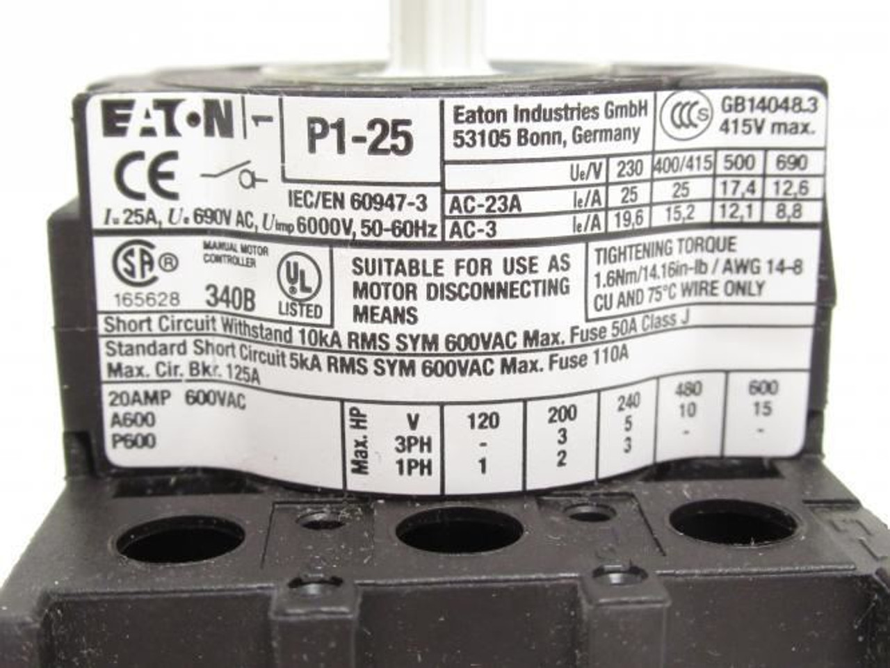 Eaton P1-25/E; Disconnect Switch; 3P; 690V; 25A; Front Mount