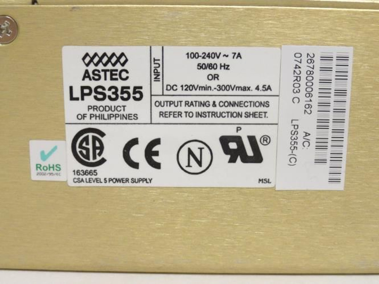 Astec LPS355; Power Supply 100-240VAC@7A In; 120-300VDC@4.5A