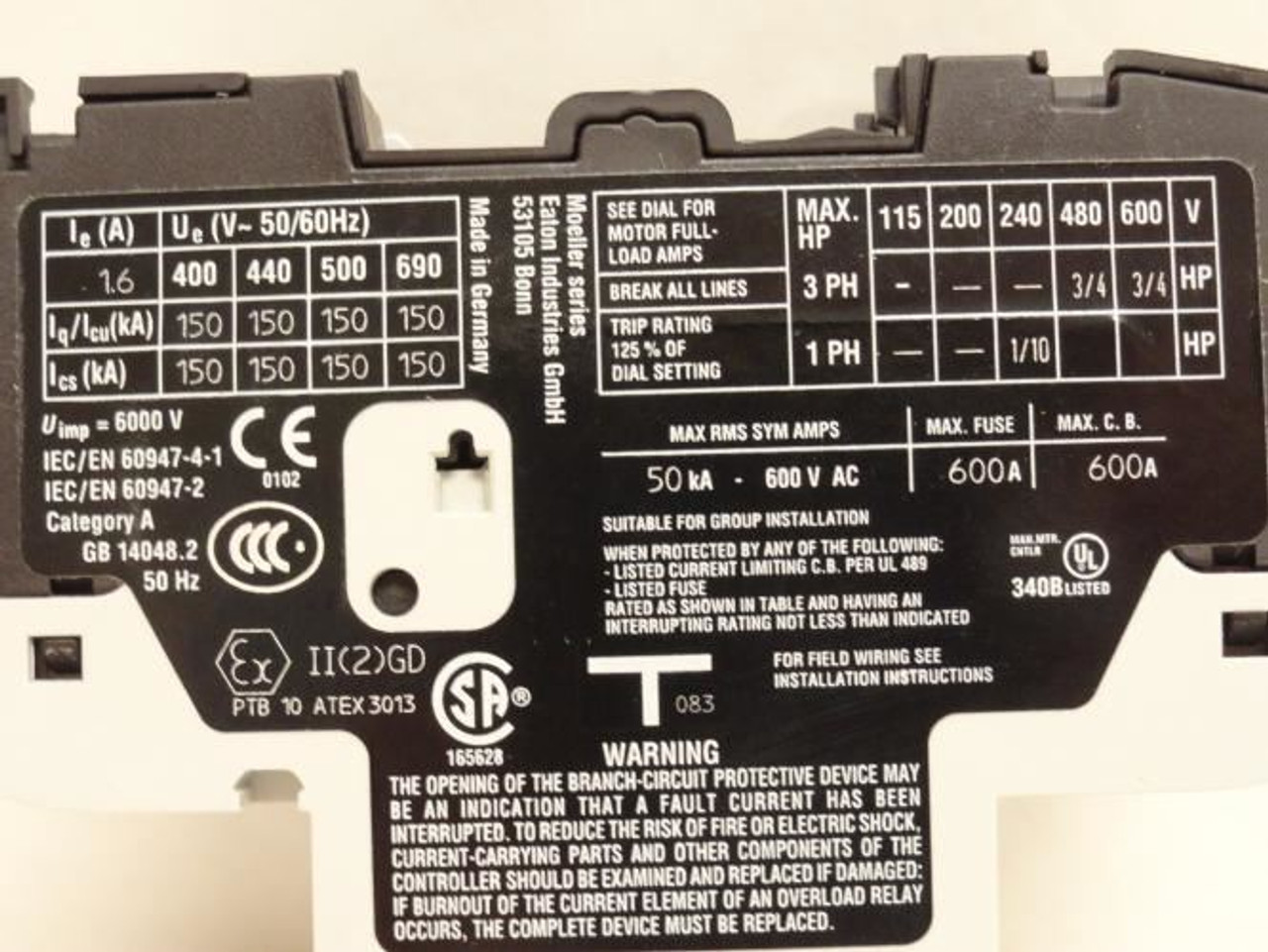 Eaton XTPR1P6BC1; Manual Motor Starter 1-16A; 3P; 600V; 3/4Hp