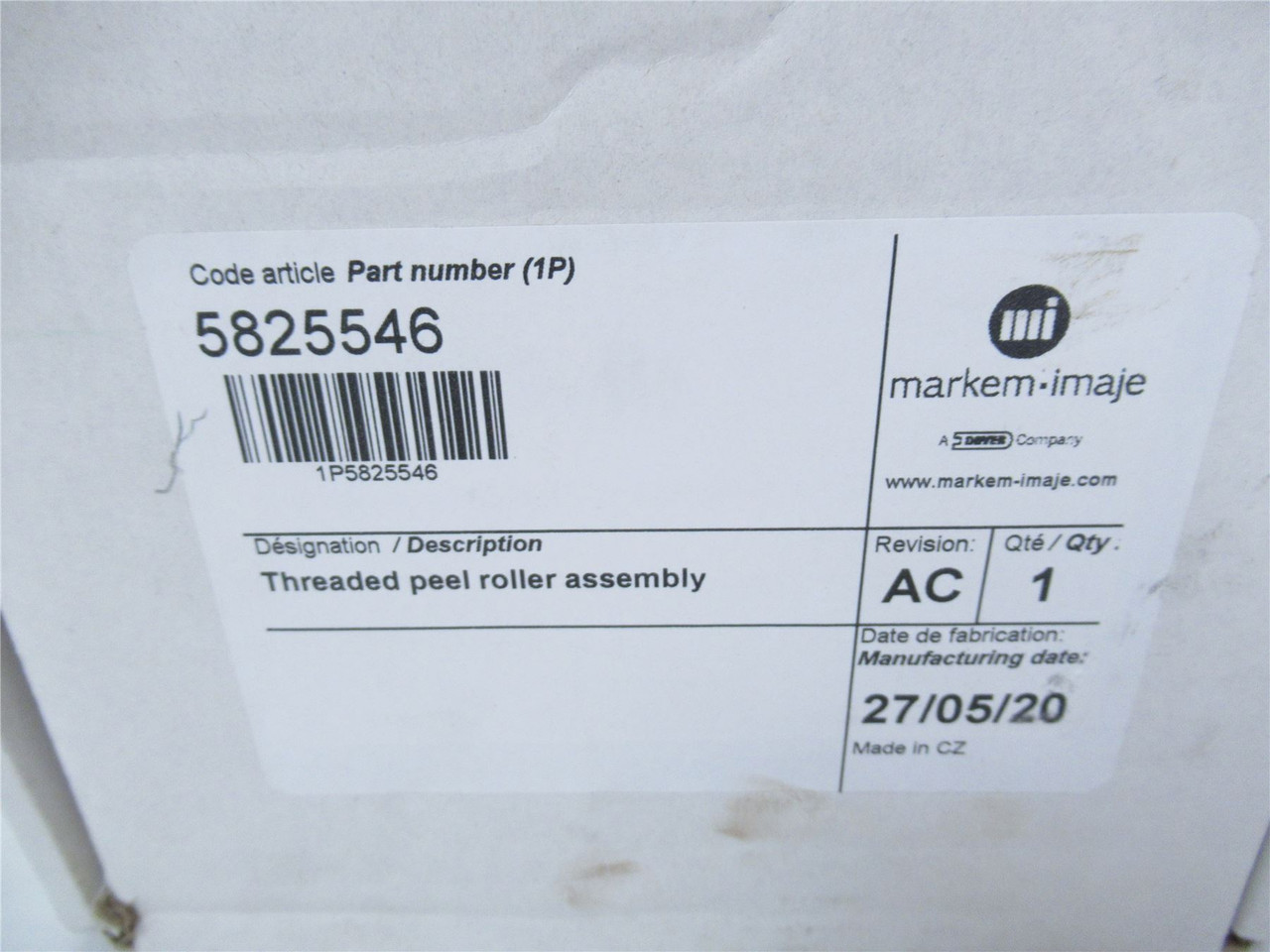 Markem 5825546; Threaded Peel Roller Assembly