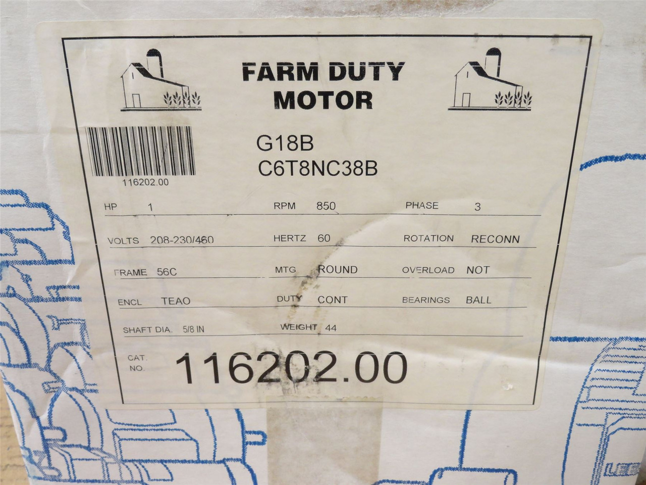 Leeson C6T8NC38B; Fan Motor; 1HP; 208-230/460VAC; 850RPM; 3PH