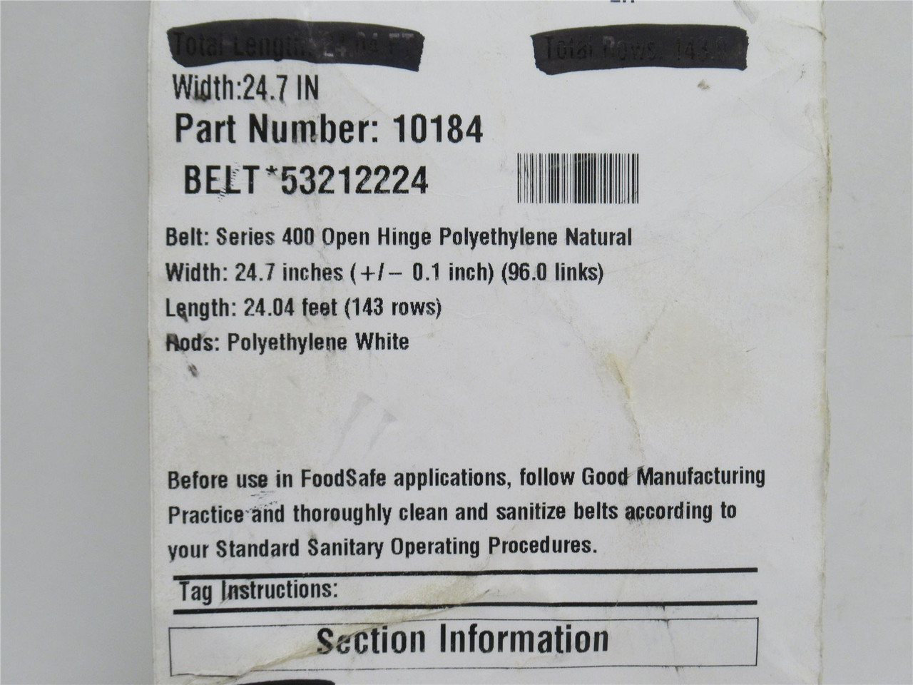 Intralox S400-24.7-24; Open Hinge Flat Top Belt 24.7"W x 24'L