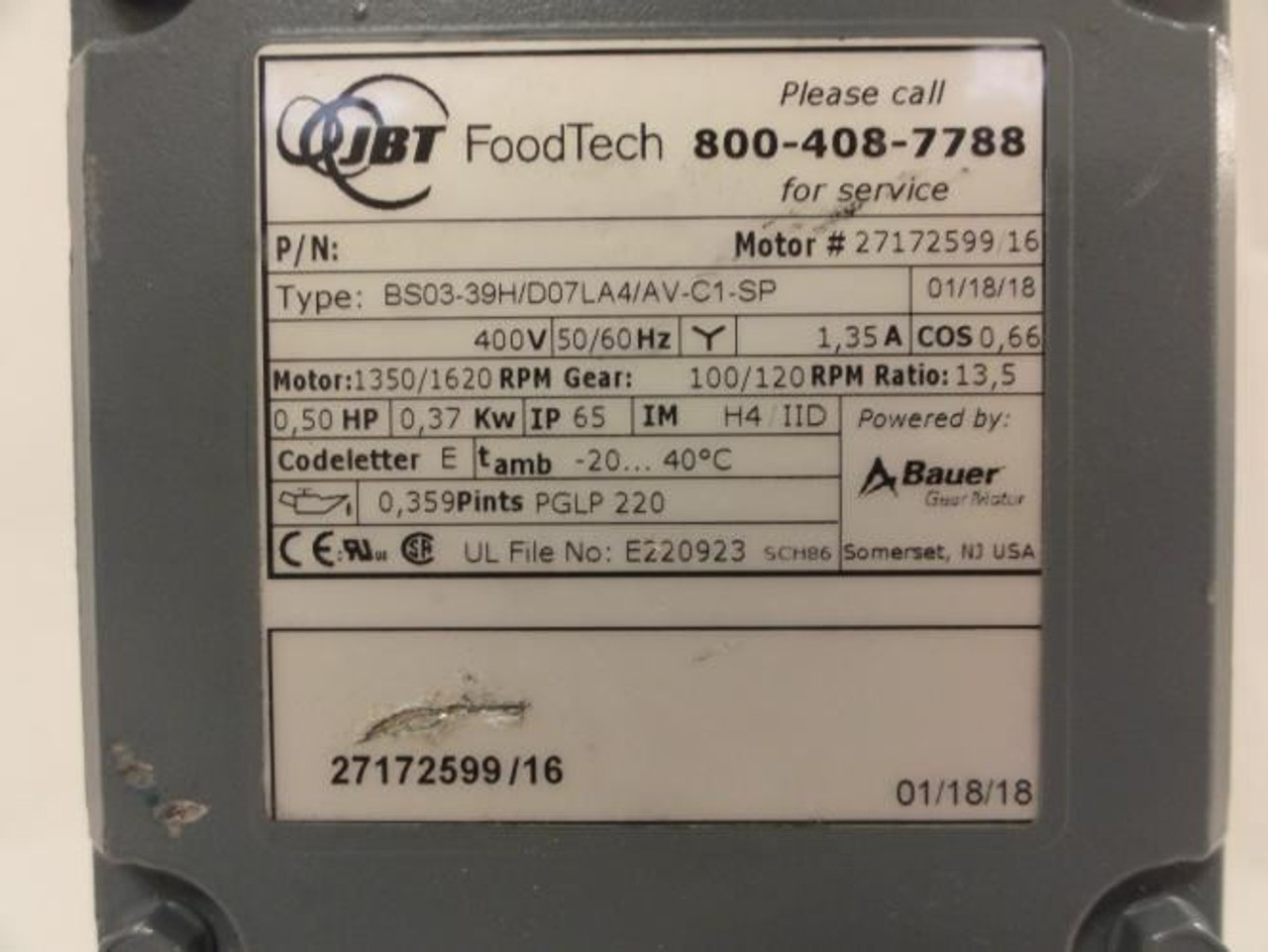 JBT 27172599/16; Gear Motor; 400V; 0.50HP; 0.37kW; 1.35A JBT 27172599/16; Gear Motor; 400V; 0.50HP; 0.37kW; 1.35A