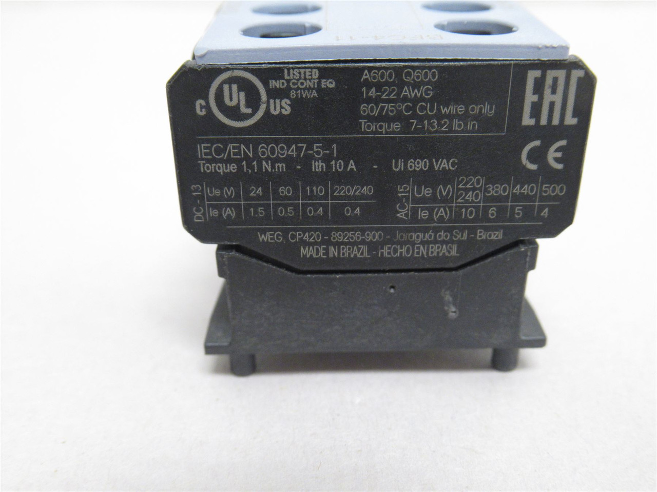 WEG BFC4-11; Aux Contact Block; 1-NO; 1-NC; 6A; 120VAC