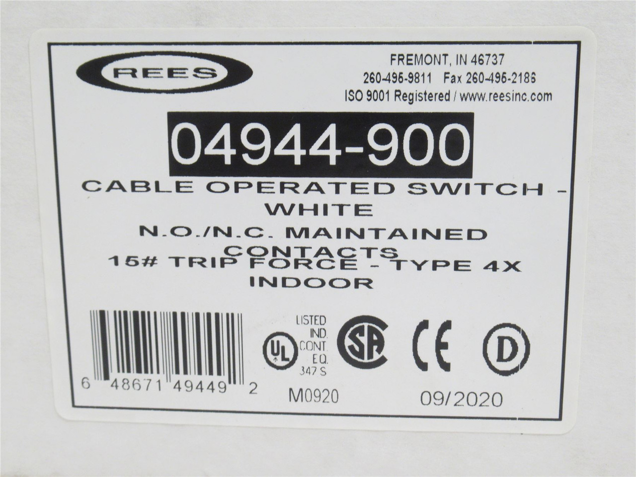 Rees 04944-900; Cable Pull Switch; 1-NO; 1-NC; A600; AC15