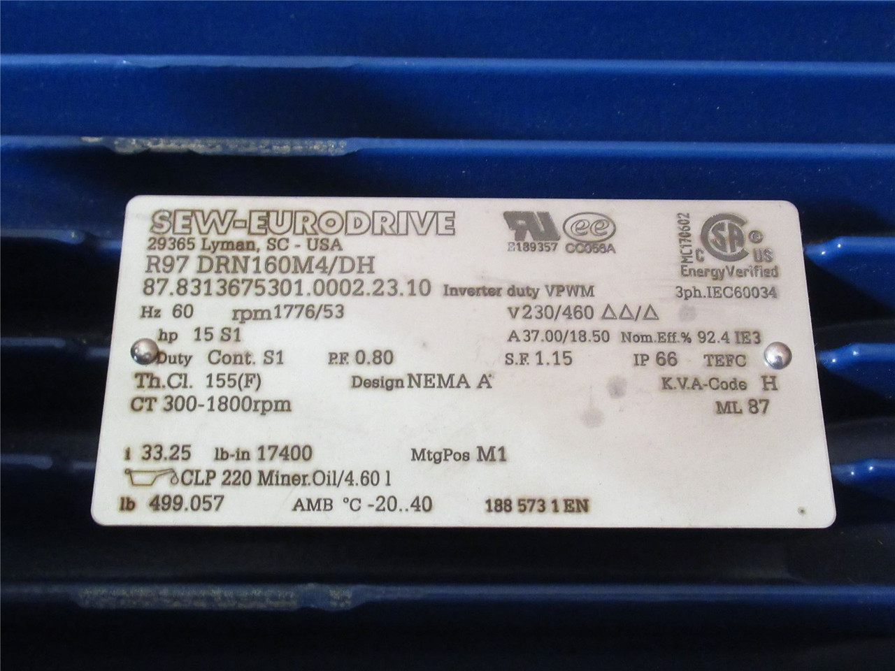 SEW R97DRN160M4/DH; AC Gearmotor 33.25:1 Ratio; 15HP; 230/460V