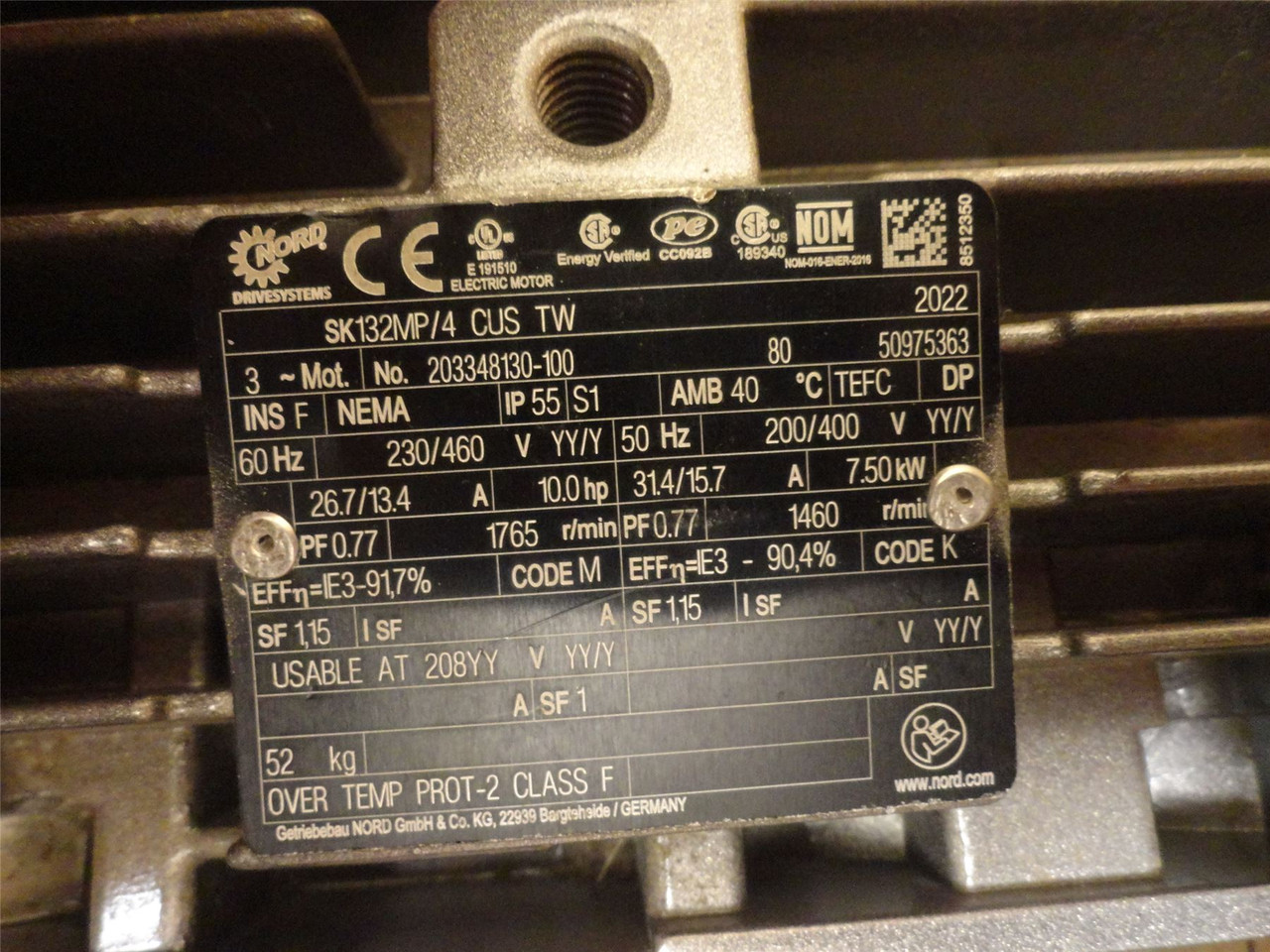 Nord SK32-132MP/4 CUS TW; AC Gearmotor 3.75:1 Ratio; 10HP; 3PH