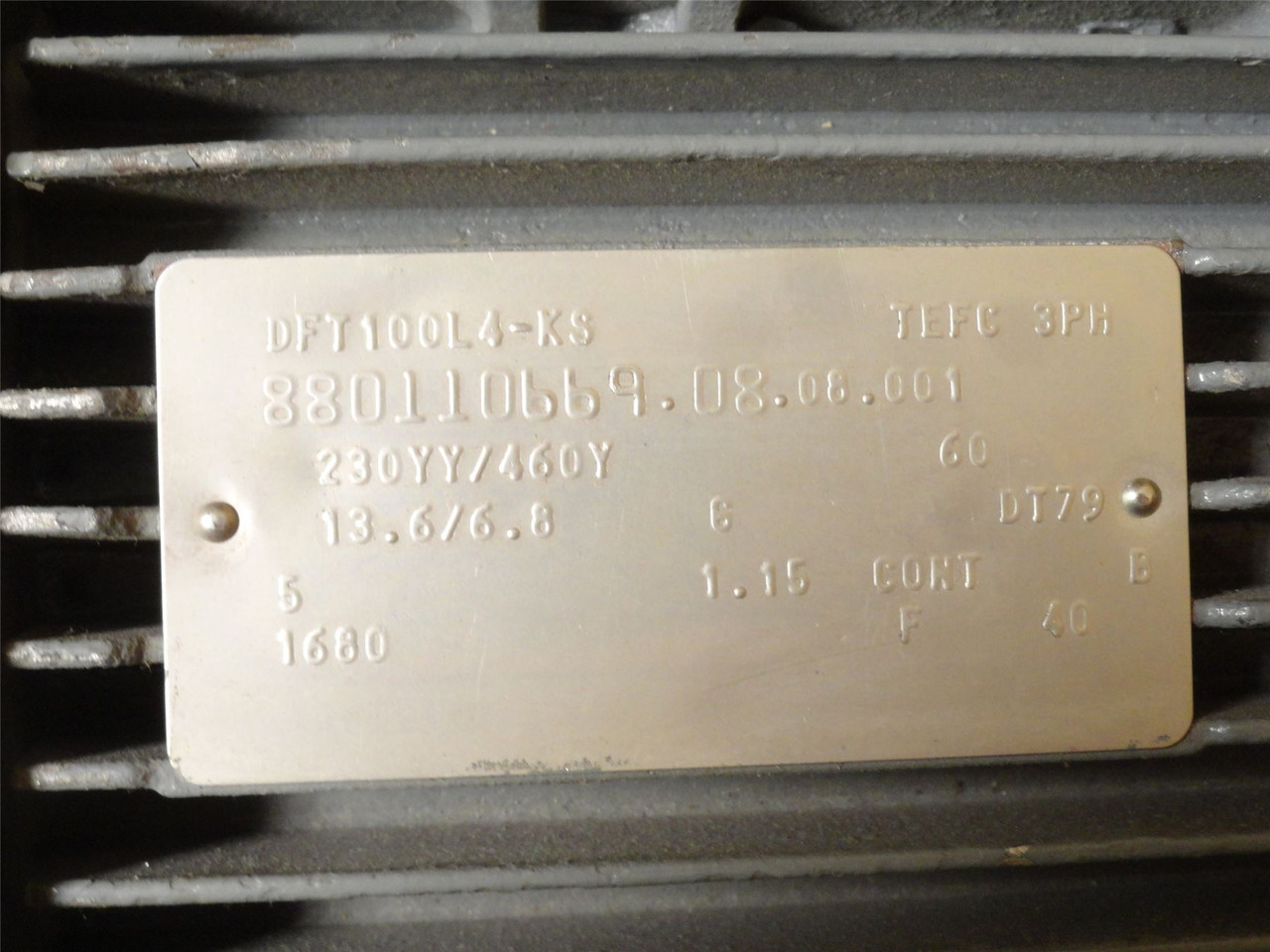 SEW DFT100L4KS; AC Motor; 5HP; 230/460V; 1680RPM; 3PH; 13.6 / 6.8A