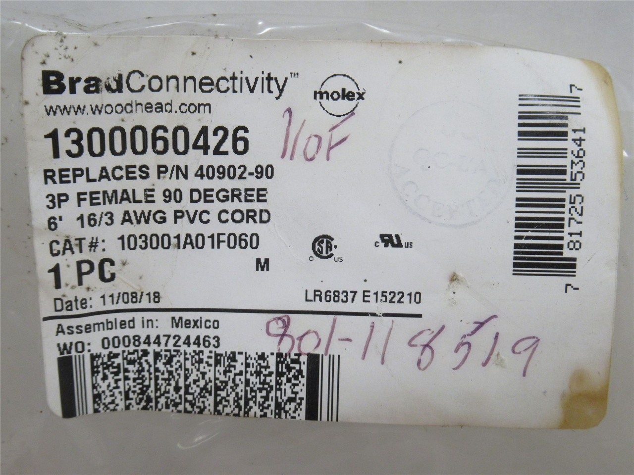Molex 1300060426; Mini-Change Cordset 90Deg; 3-Pin; 6.6' Long