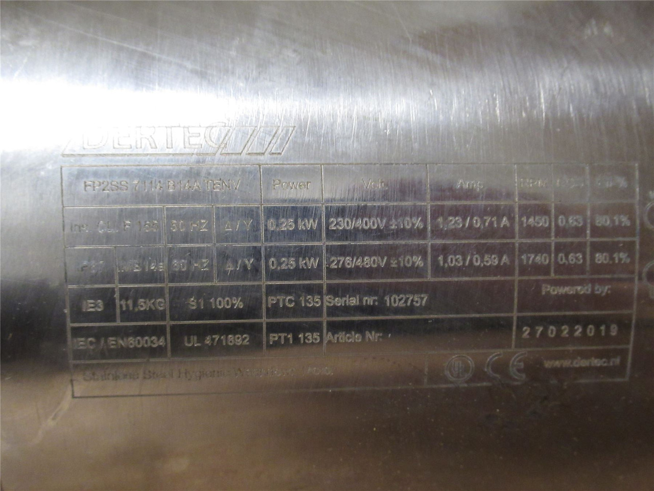 Dertec 28B IEC71 B3; AC Gear Motor; SS; 50:1 Ratio; 0.25kW