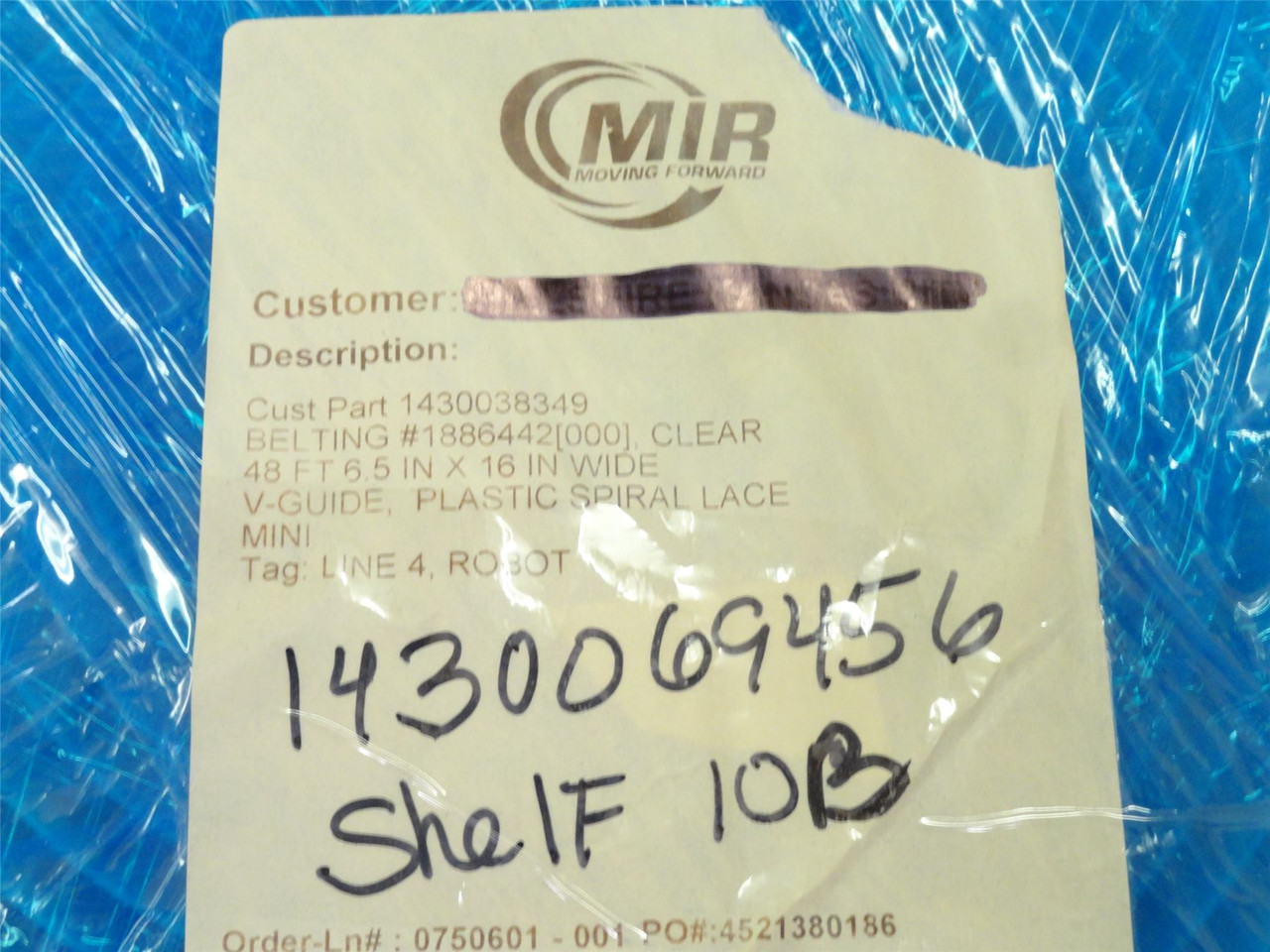 MIR Inc 1886442-000; Rubber Belting 16" Wide x 48.5' Long