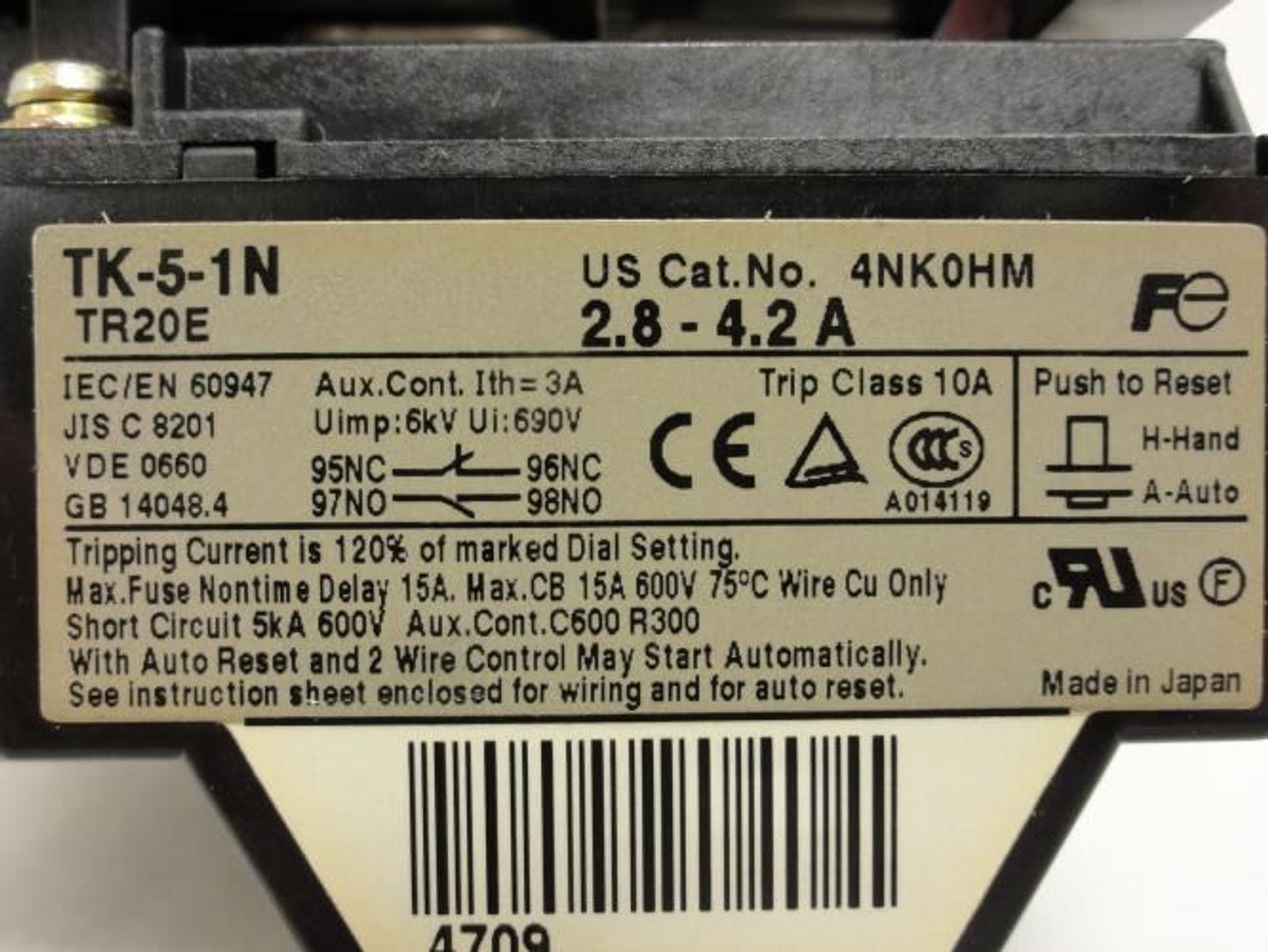 Fuji SW-5-1/2E; Starter 2.8-4.2A 3P 600V Coil: 110-120VAC