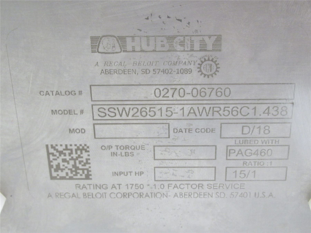 Hub City SSW26515-1AWR56C1.438; Gearbox; 15:1