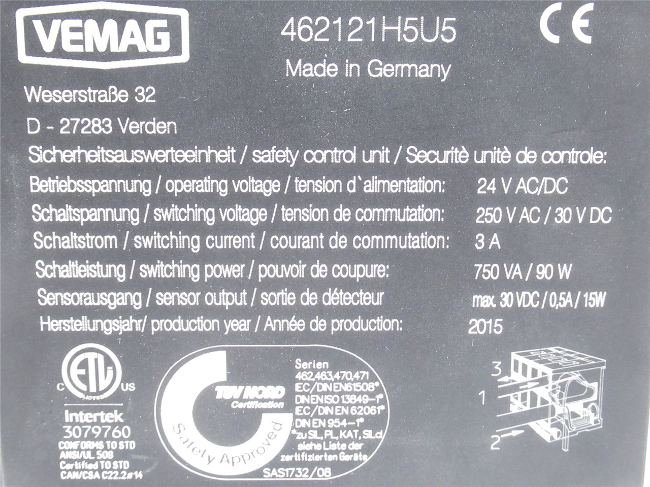Vemag 462121H5U5; Safety Relay Sensor; 250VAC Switching; 3A