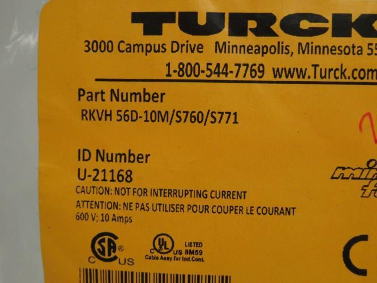 Turck RKVH56D-10M; Cordset U-21168; 10m Long; 5-Pin
