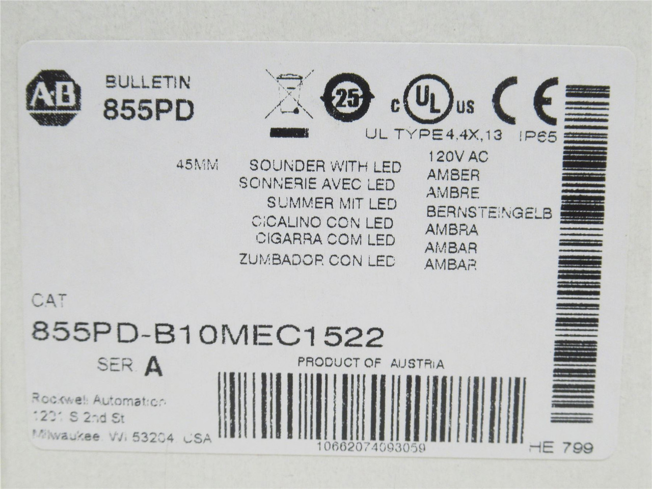 Allen-Bradley 855PD-B10MEC1522; Panel Mount Alarm W/Amber LED Allen-Bradley 855PD-B10MEC1522; Panel Mount Alarm W/Amber LED