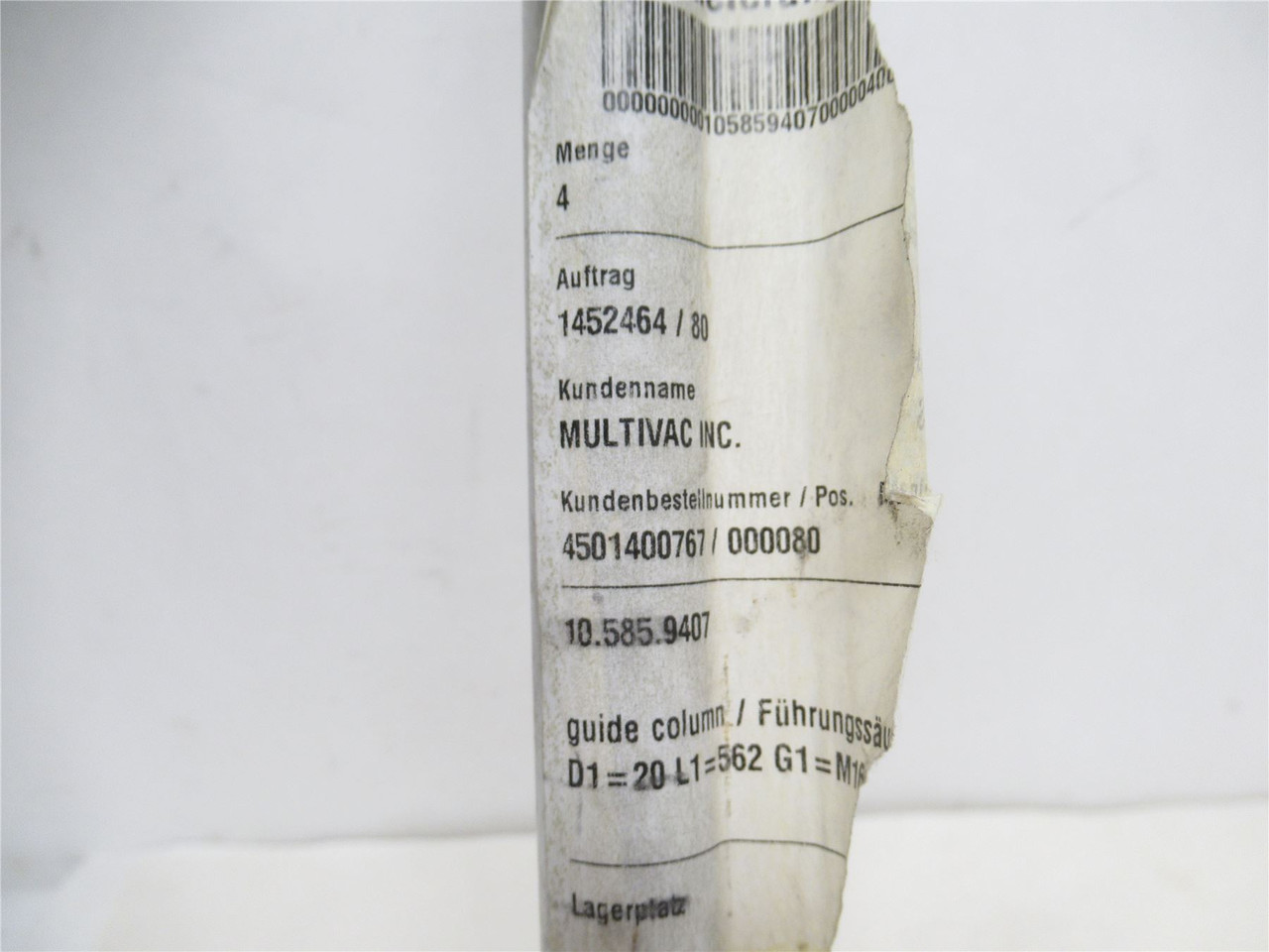 Multivac 105859407; Column Shaft; SS; 20mmOD x 22-1/8" Long