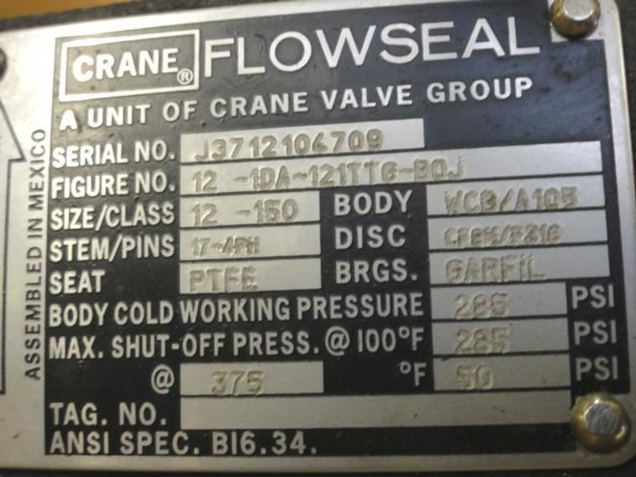Flowseal 12-1DA-121TTG-B0J; Butterfly Valve Soft Seat; Size 12"