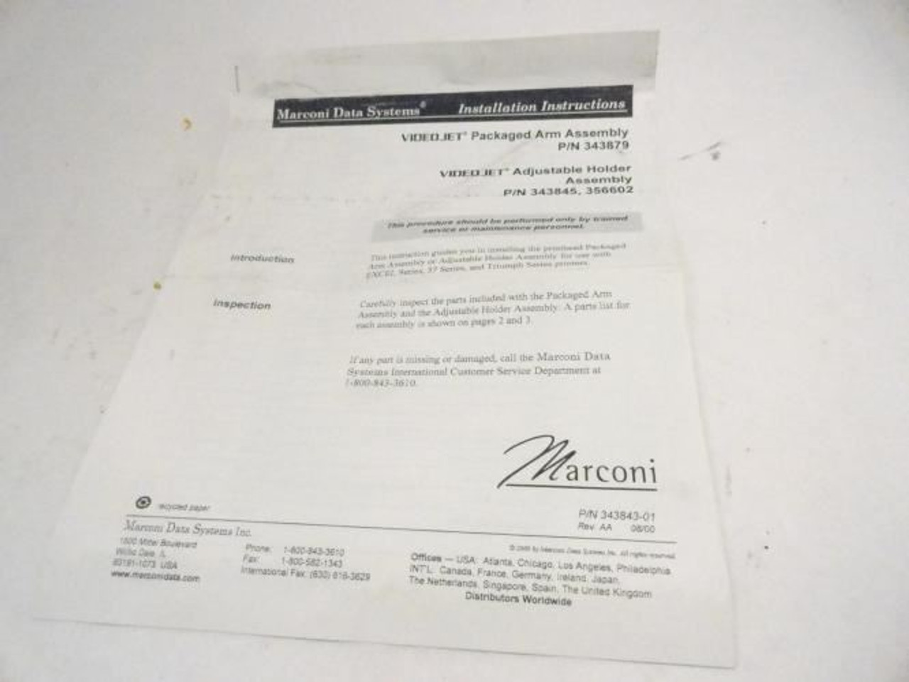 Videojet 343845; Packaged Arm Assembly