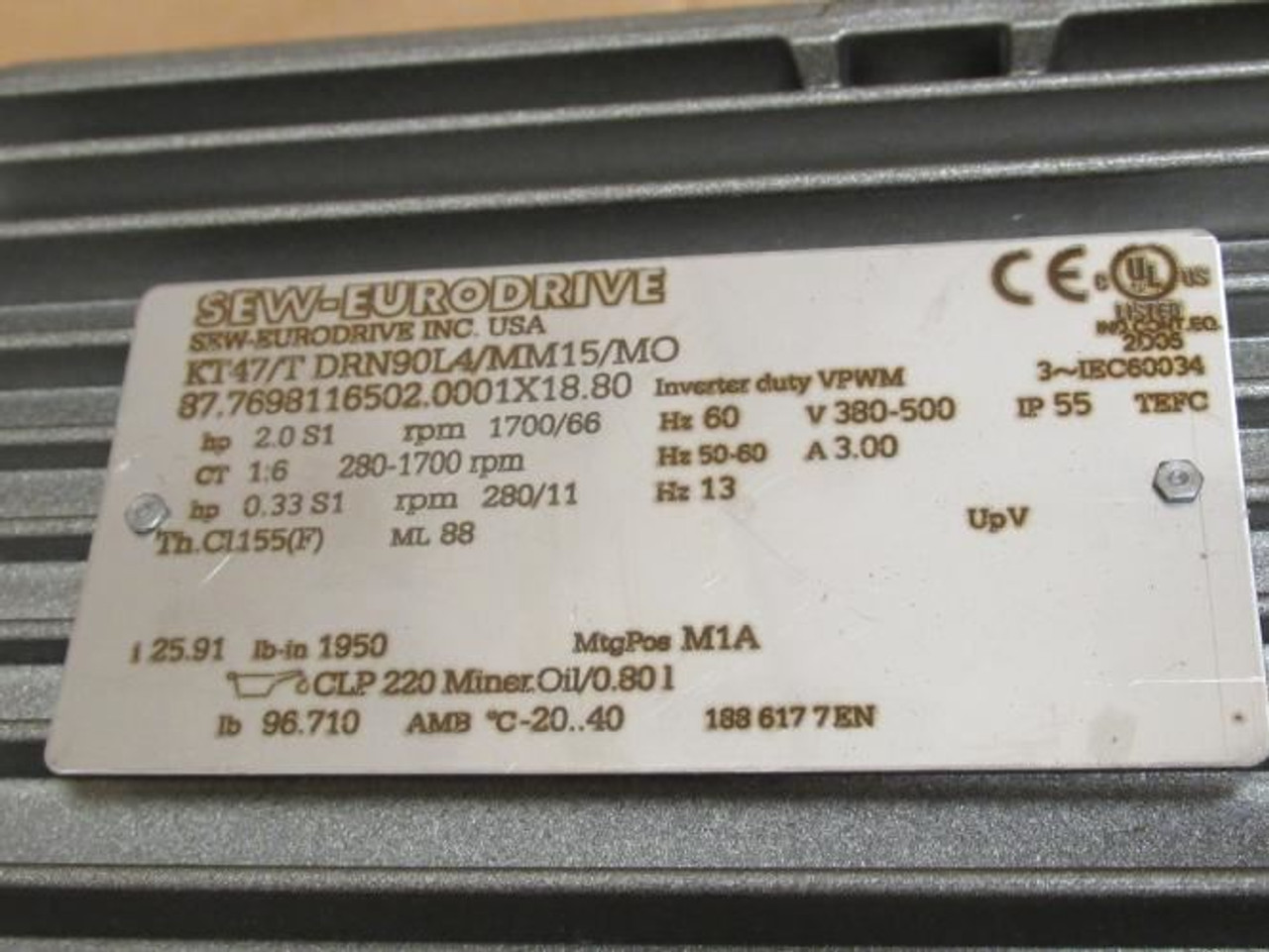 SEW KT47/DRN90L4/MM15/MO; Gear Motor 25.91:1 Ratio; 380-500V