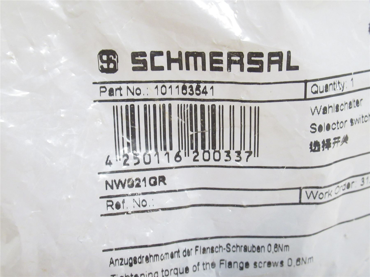 Schmersal NWS21GR; Selector Switch Operator; 101163541; 2-Pos
