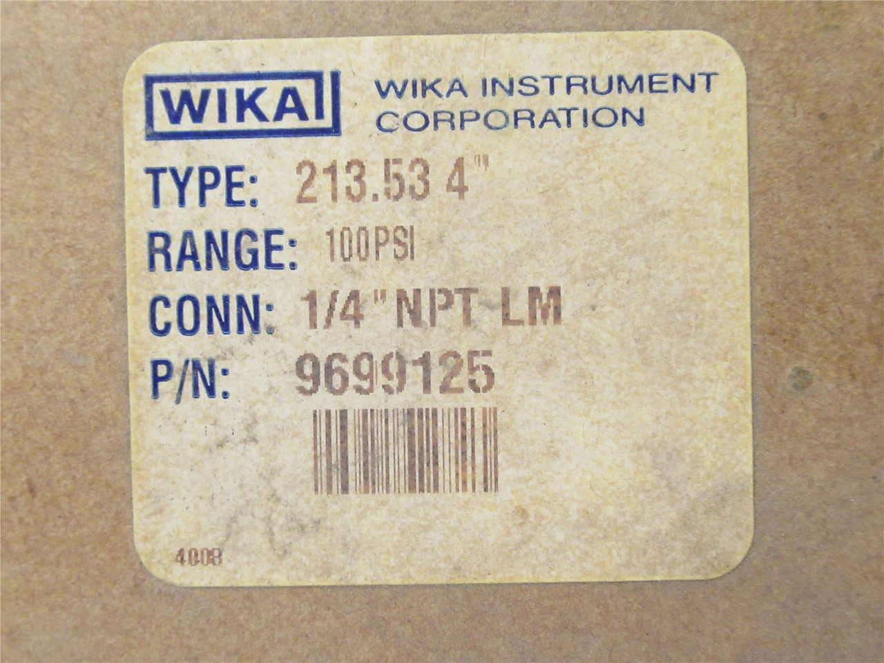 WIKA 9699125; Pressure Gauge; 100PSI; 1/4"NPT; 4" Dial