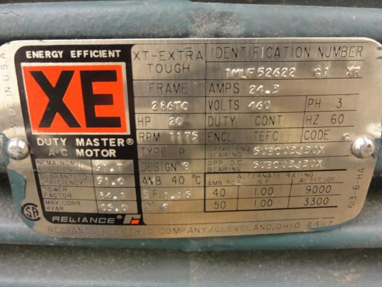 Reliance 1MLF52622; AC Motor; 20HP; 460V; 60Hz; 3Ph; 1175RPM